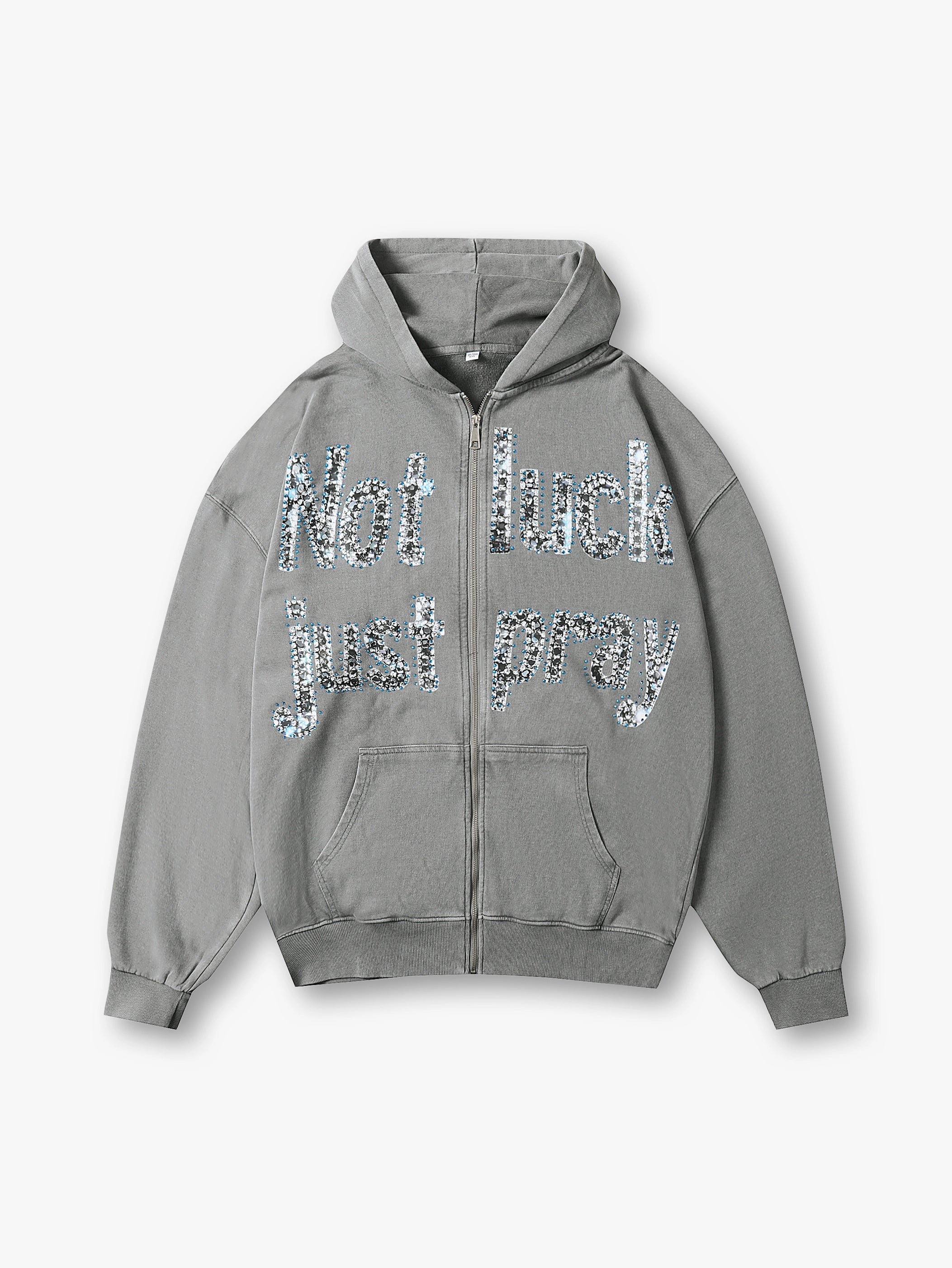 Sudadera con capucha gris Double Crazy con gráfico de texto "Not Luck Just Pray" de cristal