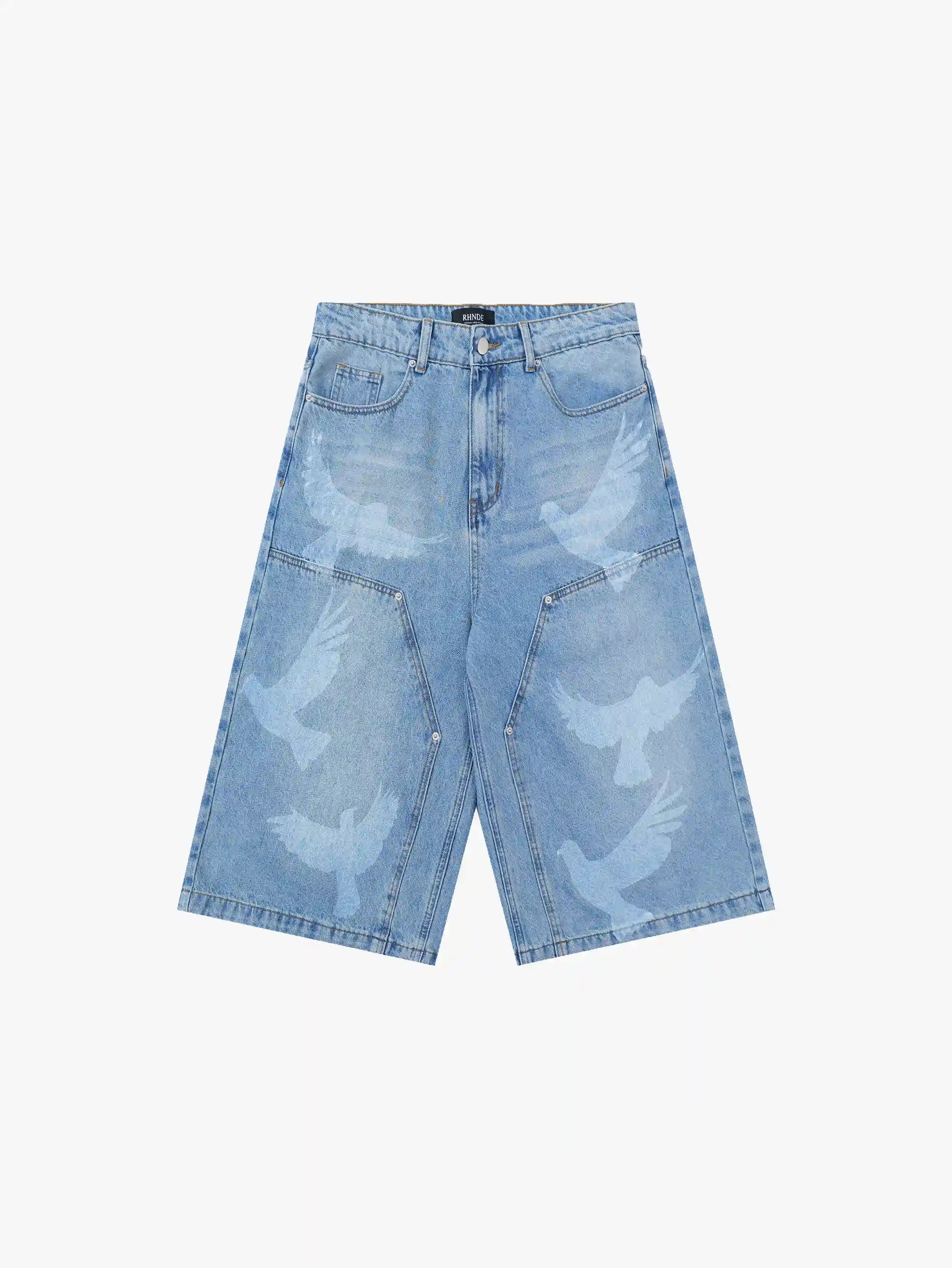 Trendy Black Denim Shorts with Bird Print Graphic Stylish Streetwear Casual Bermuda Pants - S966