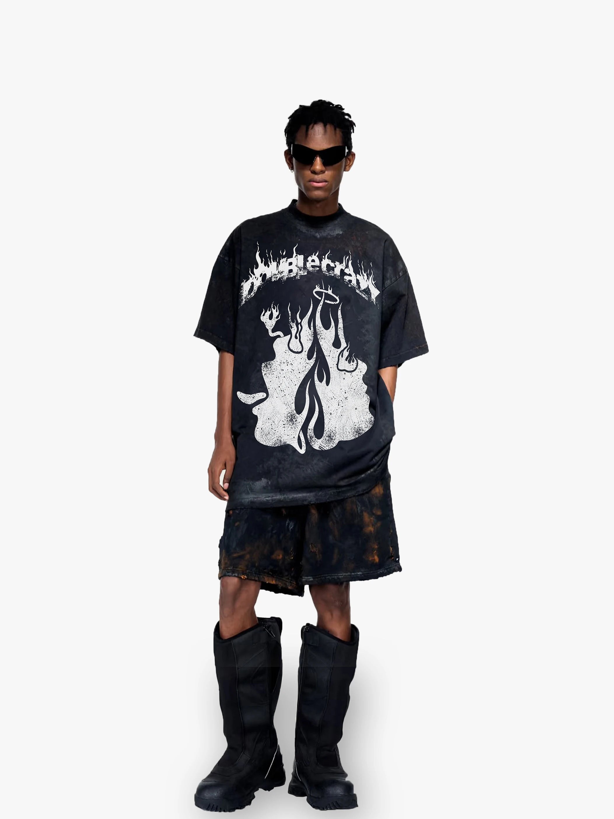 Double Crazy Flame Print Angel & Demon T-shirt-002