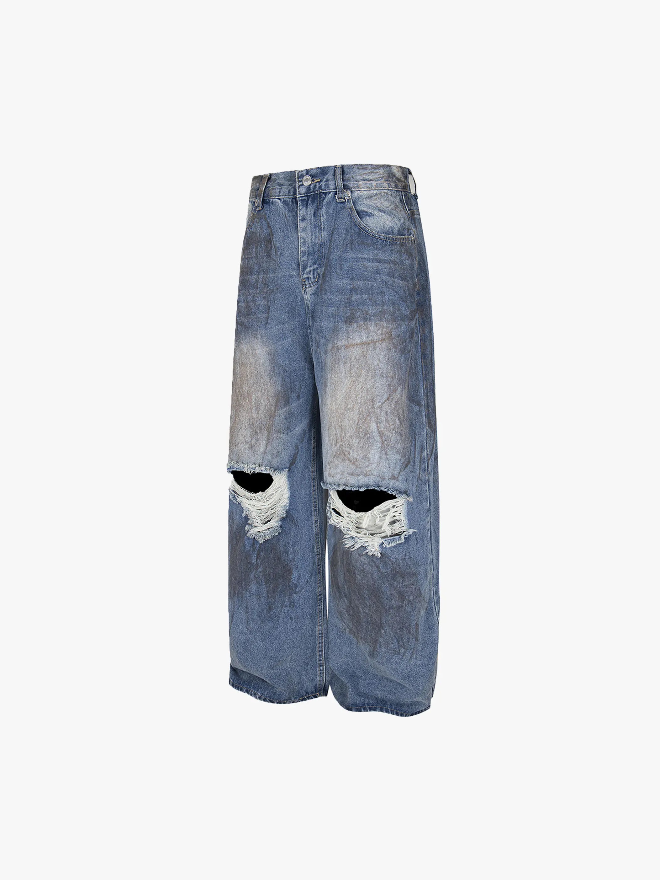 Functionally Stylish Ripped Wide-Leg Denim Jeans with Distressed Detailing Vintage Streetwear Fashion Trousers