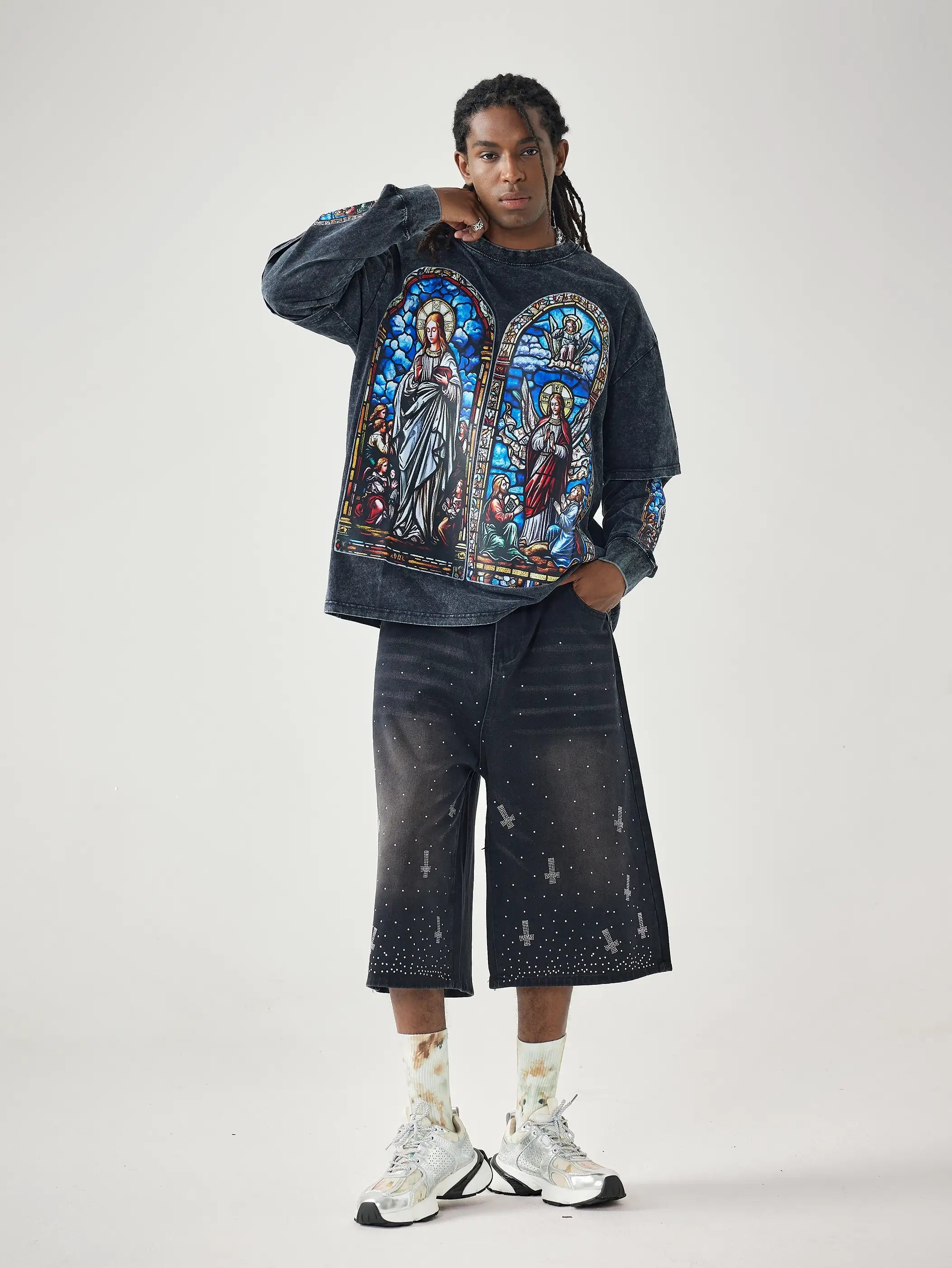 T-shirt à manches longues avec imprimé vitrail vintage Double Crazy