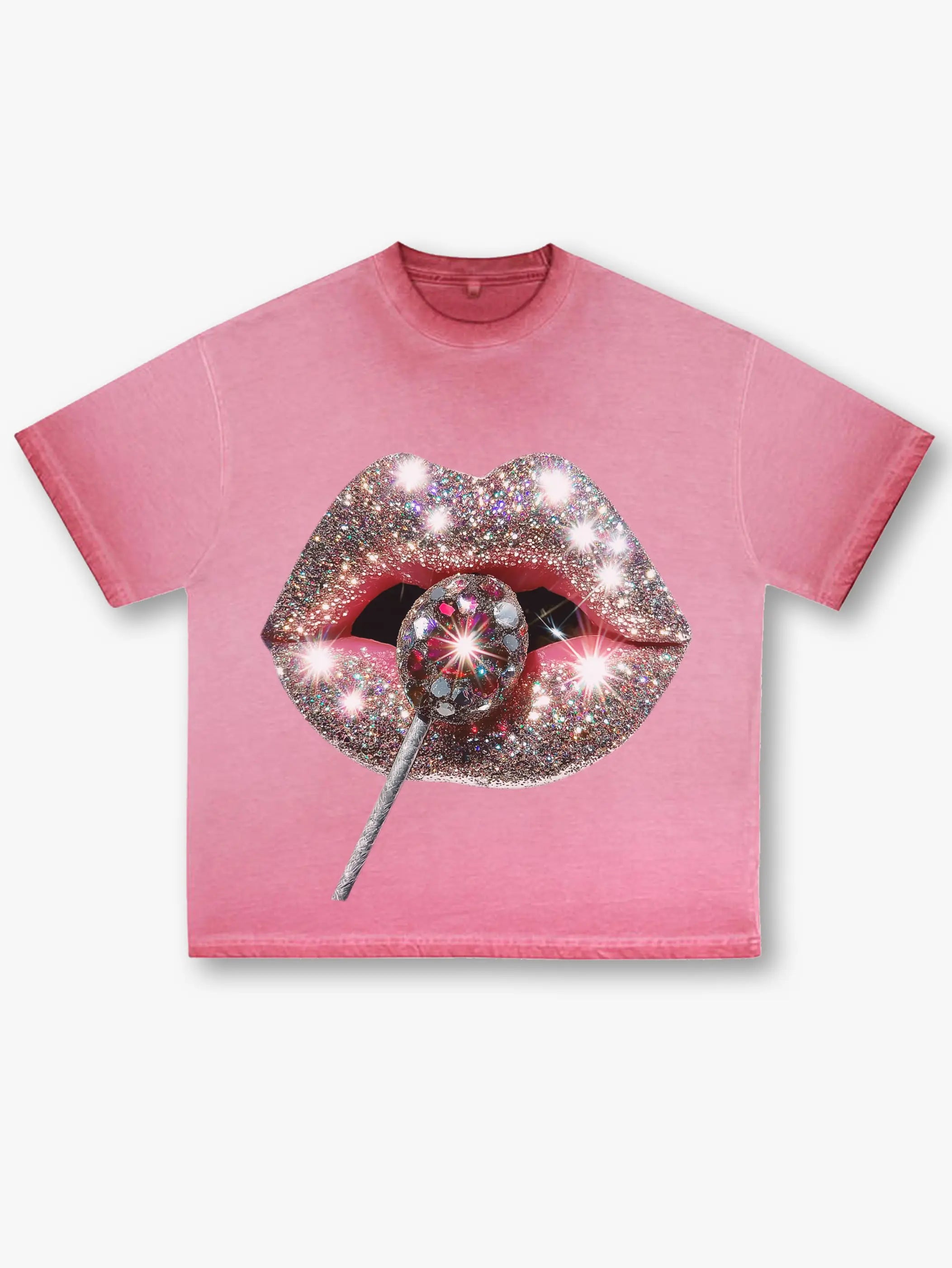 Pink Glitter Lips Graphic Tee Sparkling Lollipop Print T-Shirt