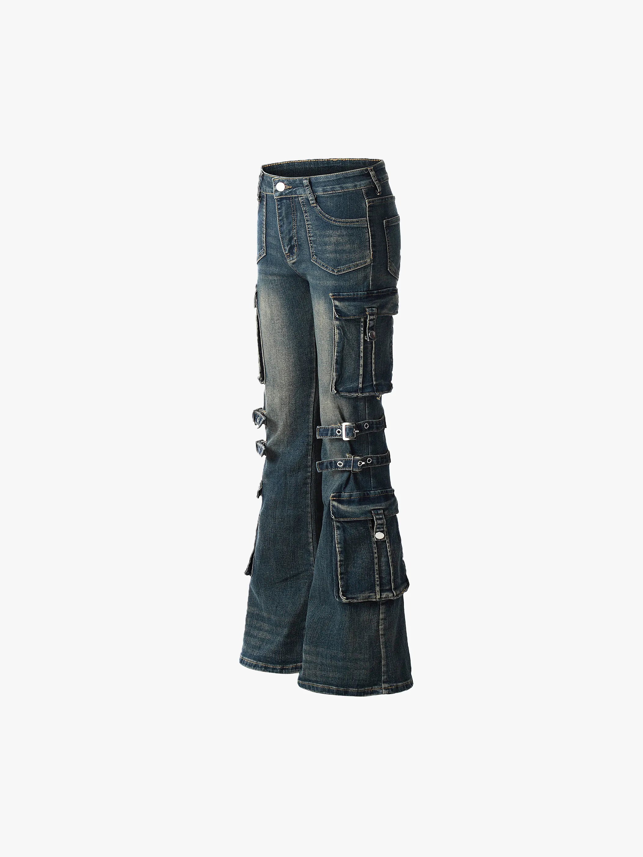 Distressed Cargo Denim Pants with Adjustable Buckled Straps for a Bold Look - S995