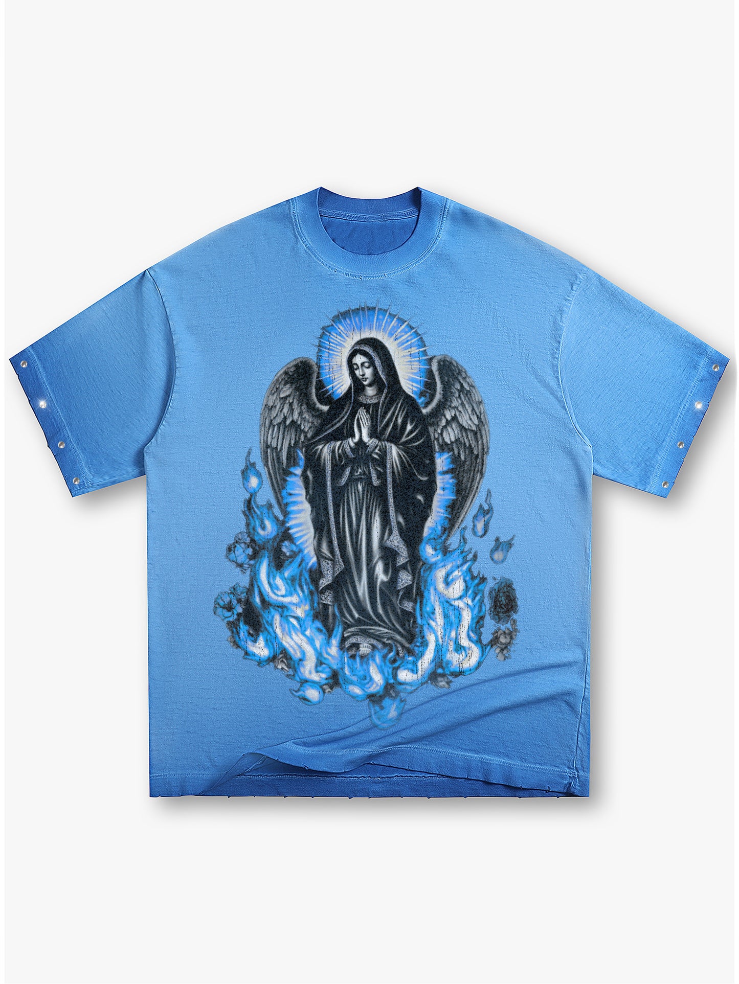 Dark Virgin Mary T Shirt Angel Wings Blue Flame Religious Graphic Tee Unisex-185