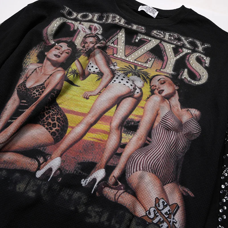Rhinestone Pin Up Waffle L/S-671
