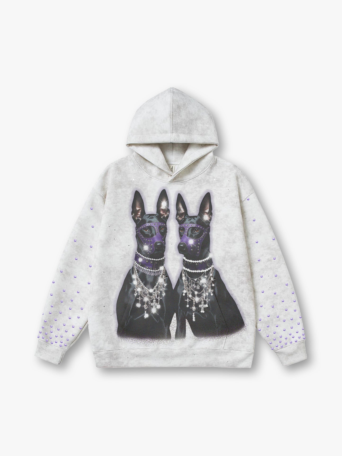 Trendy Streetwear Hoodie with Puppy Print and Pearl Necklace Design Studded Sleeves