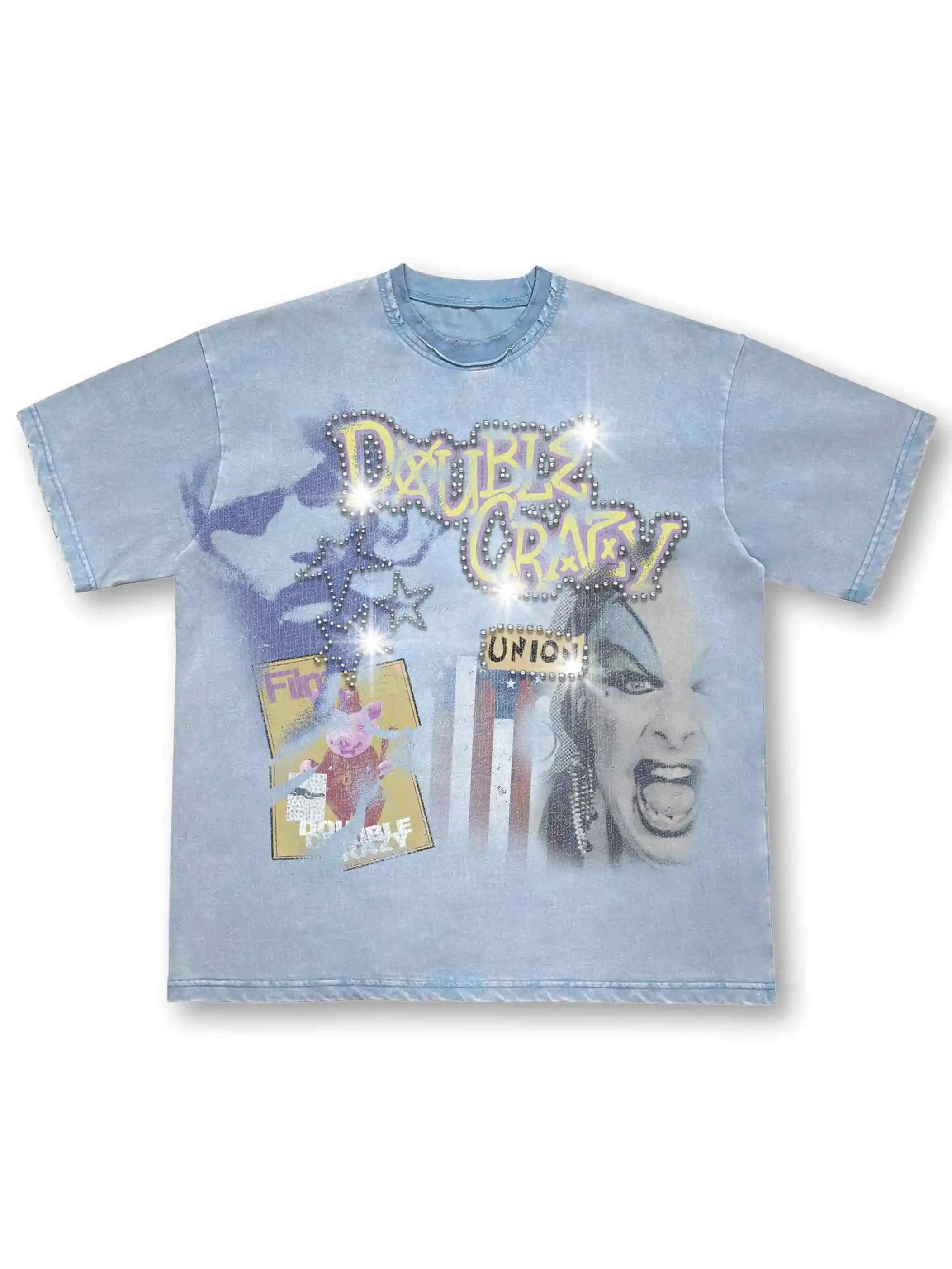 Collage Rhinestone Acid Wash Tee-471