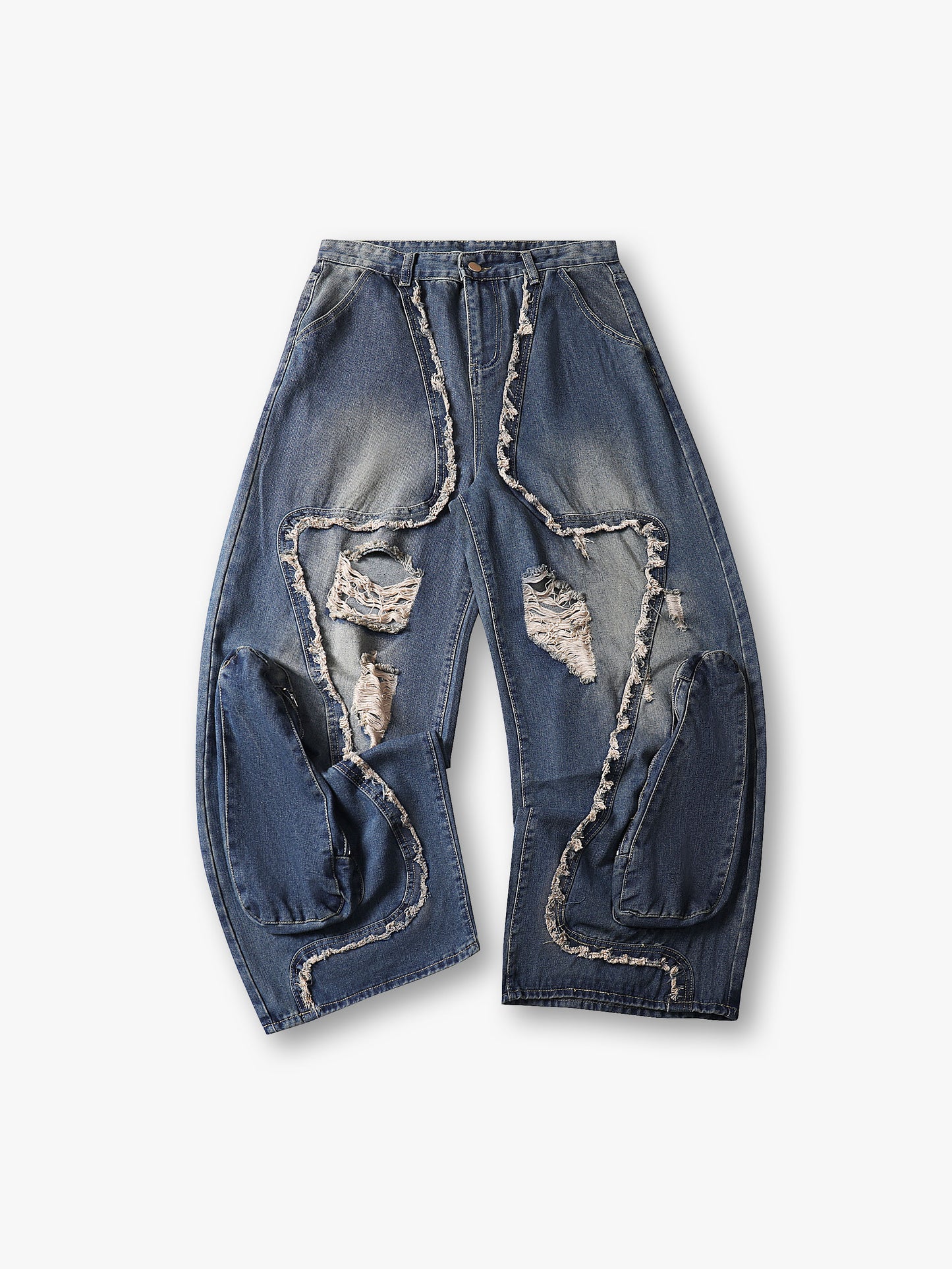 Trendy Streetwear Ripped High Waist Wide-Leg Denim Jeans with Distressed Detailing Fashion Trousers - S132