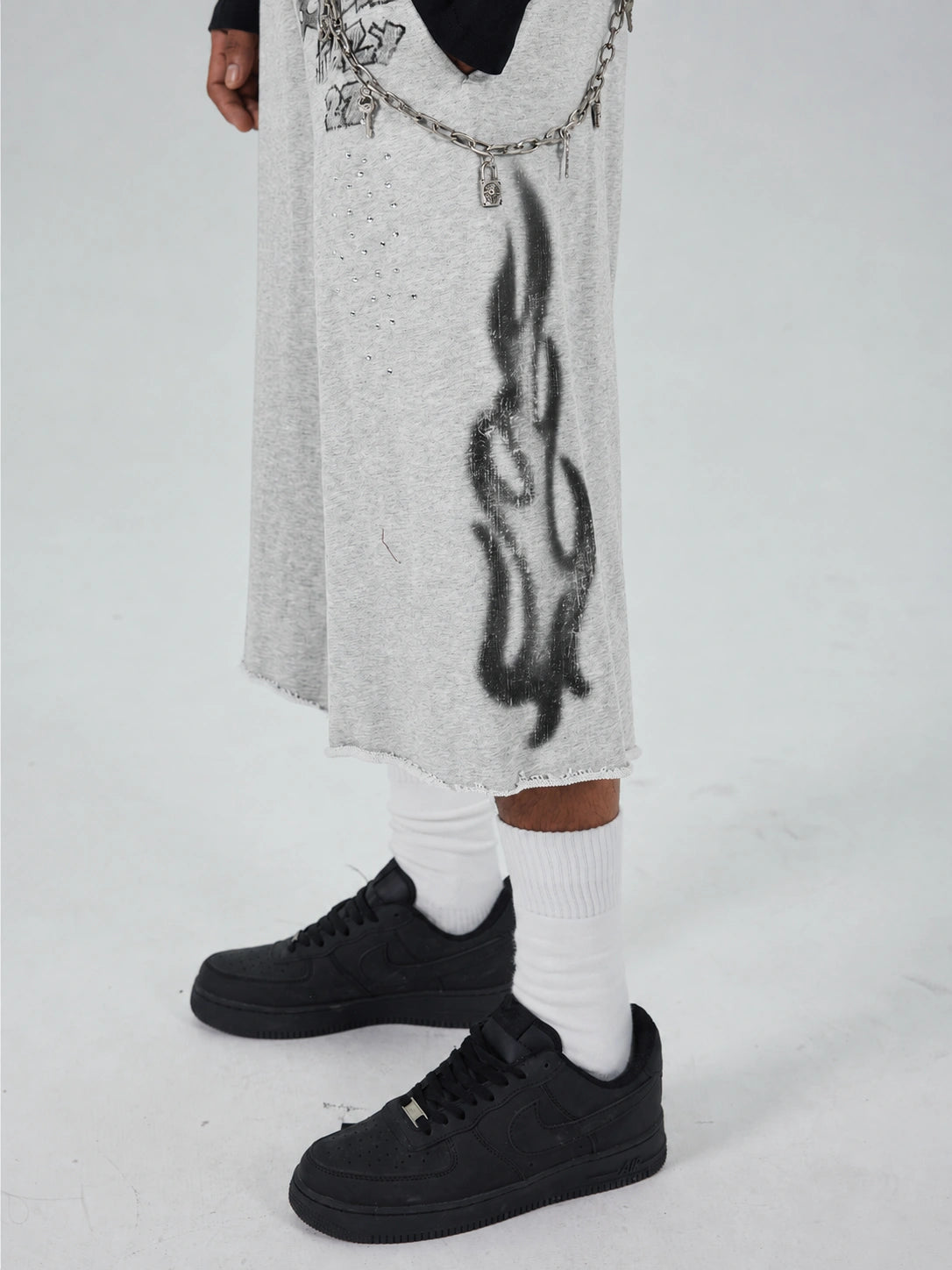 Rhinestone Flame Sweat Shorts-645
