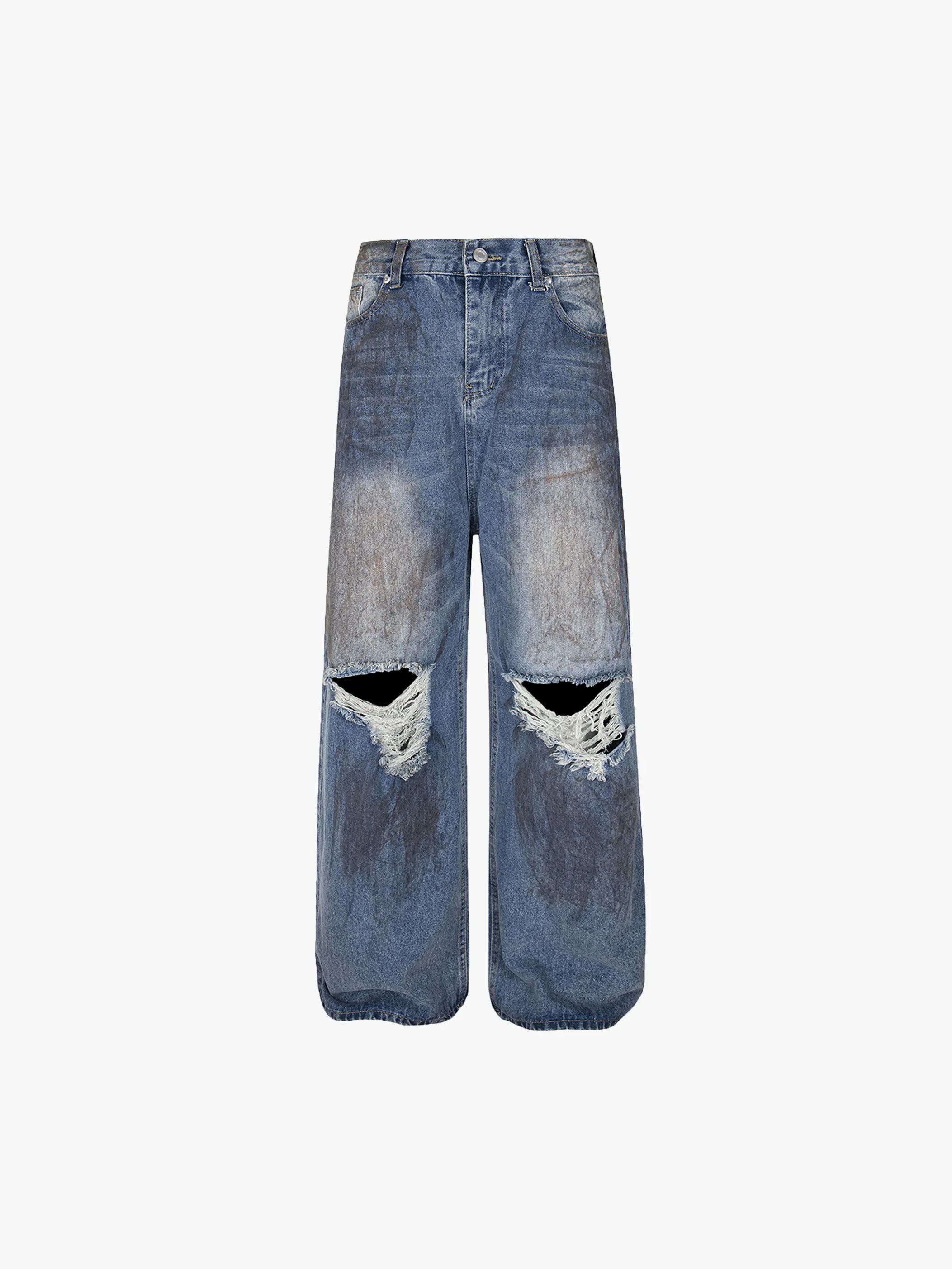 Functionally Stylish Ripped Wide-Leg Denim Jeans with Distressed Detailing Vintage Streetwear Fashion Trousers