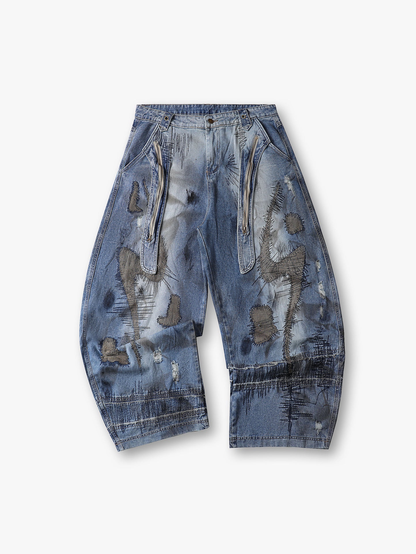 Hot Sale Streetwear Fashion Artistic Distressed Wide-Leg Denim Jeans with Zipper - S133