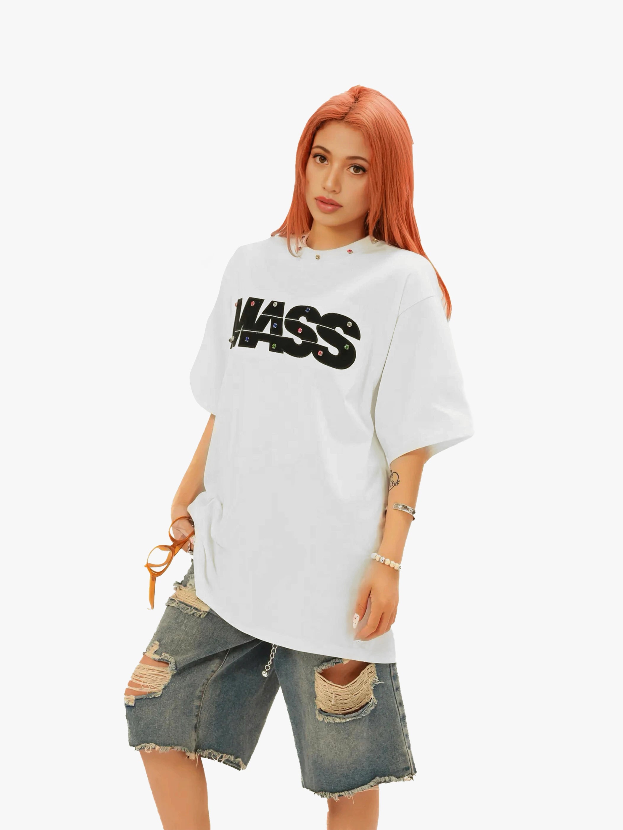 Jewel-Accented MASS Print Oversized T-shirt-S1004