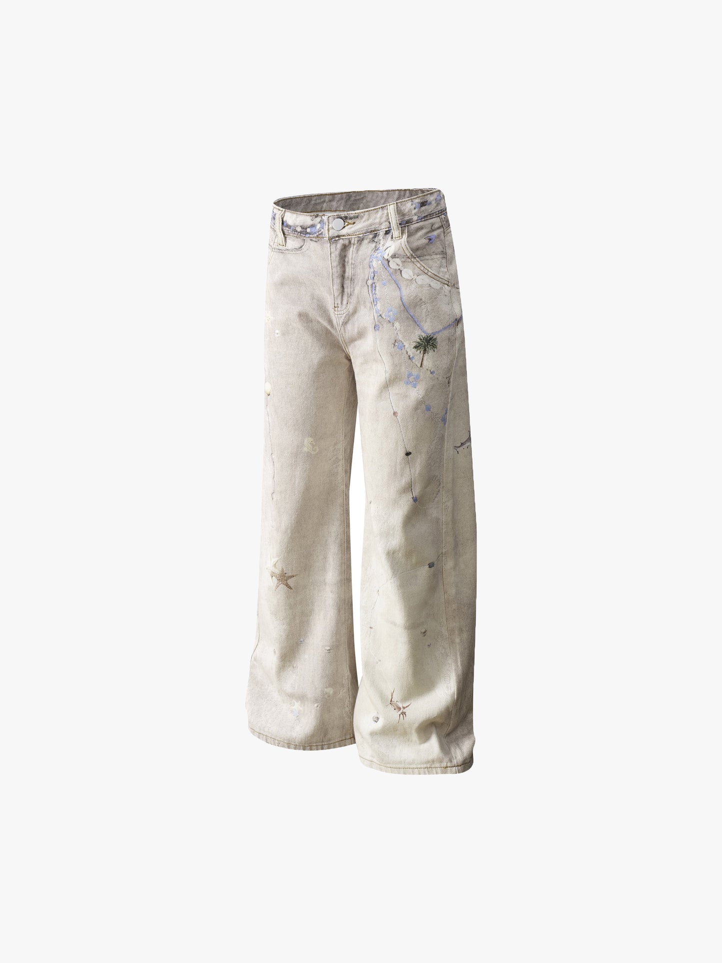 Beige Wide Leg Jeans High Waist Vintage Washed Printed Denim Pants-S1026