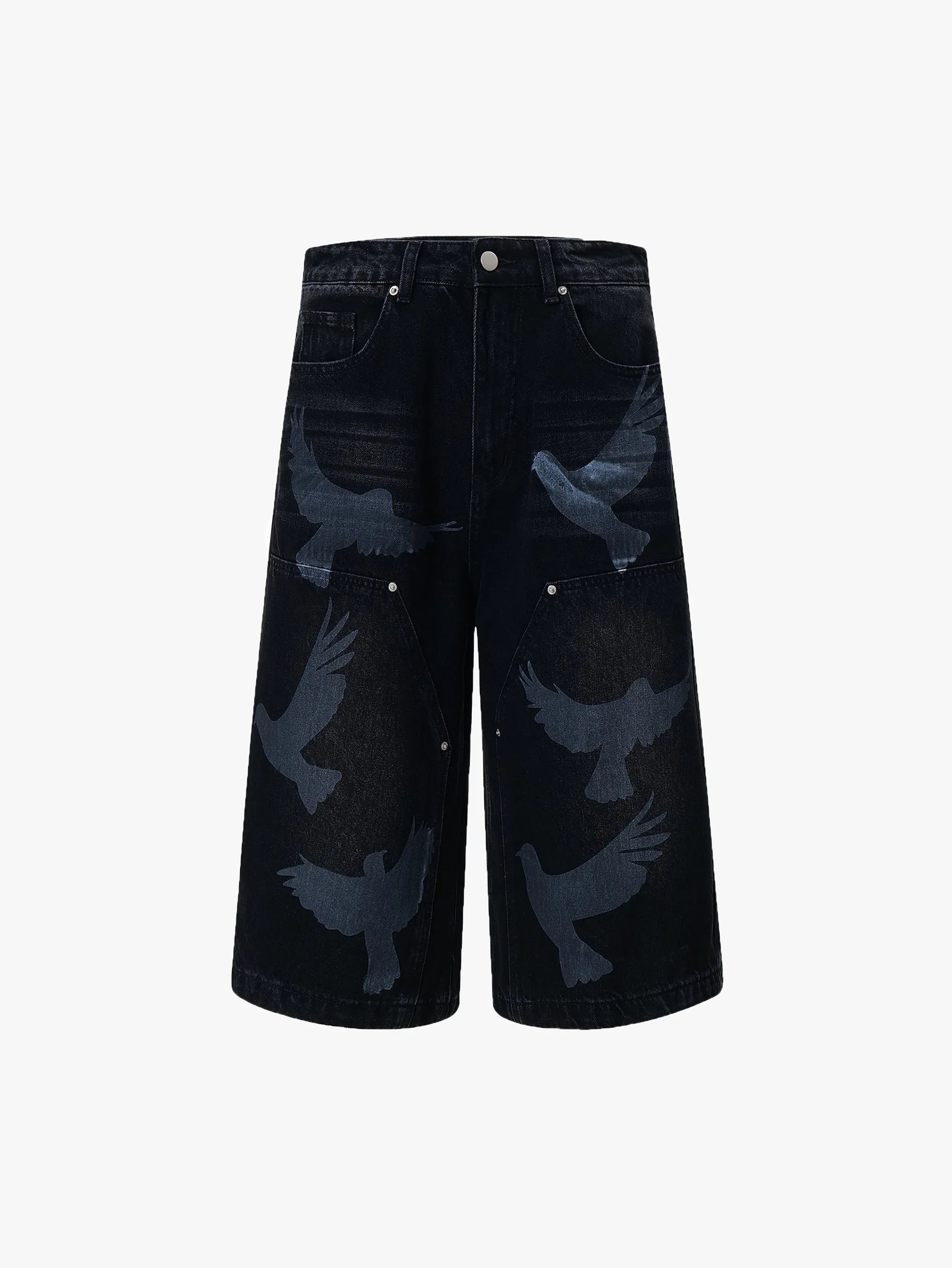 Trendy Black Denim Shorts with Bird Print Graphic Stylish Streetwear Casual Bermuda Pants - S966