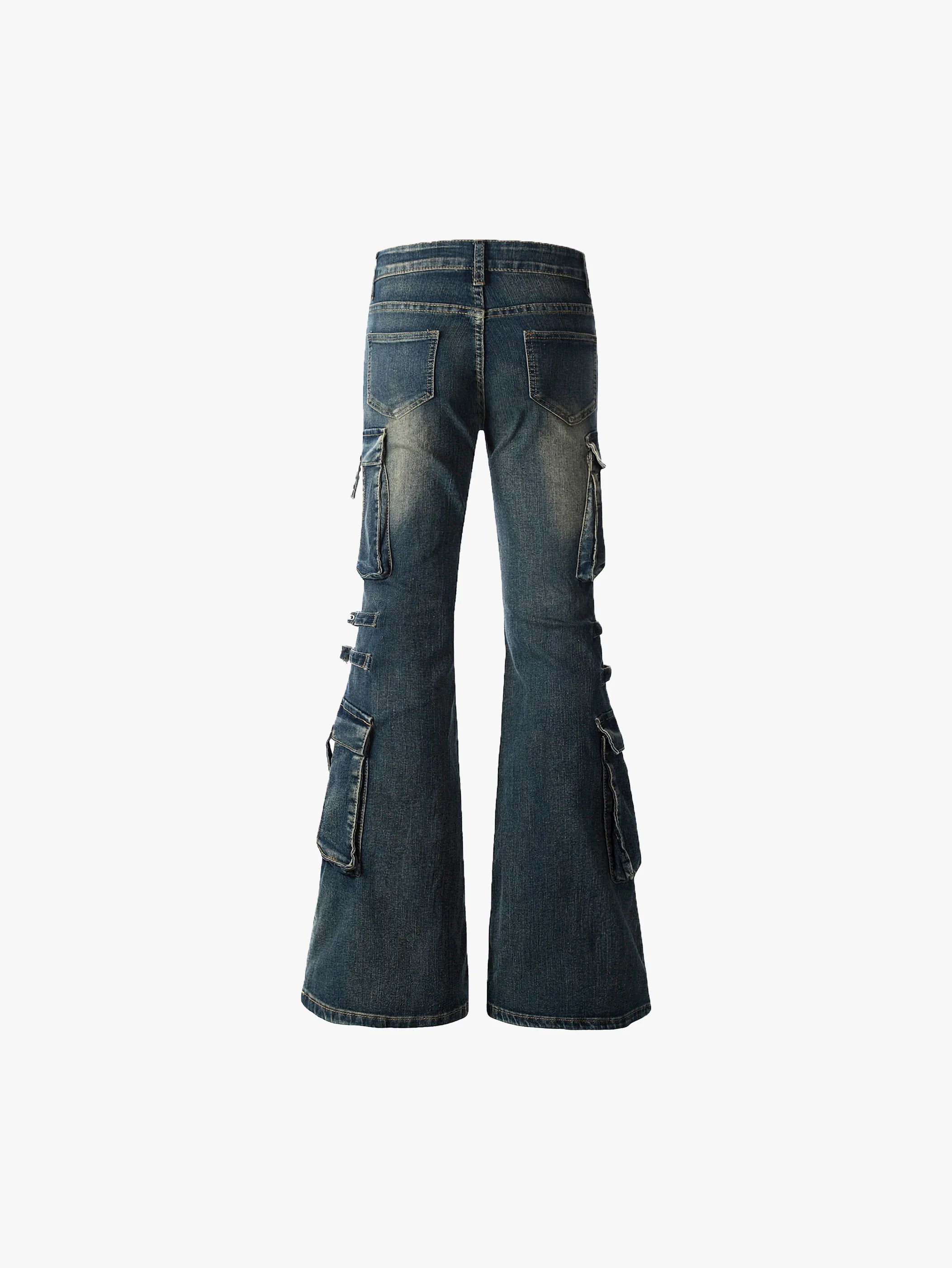Distressed Cargo Denim Pants with Adjustable Buckled Straps for a Bold Look - S995