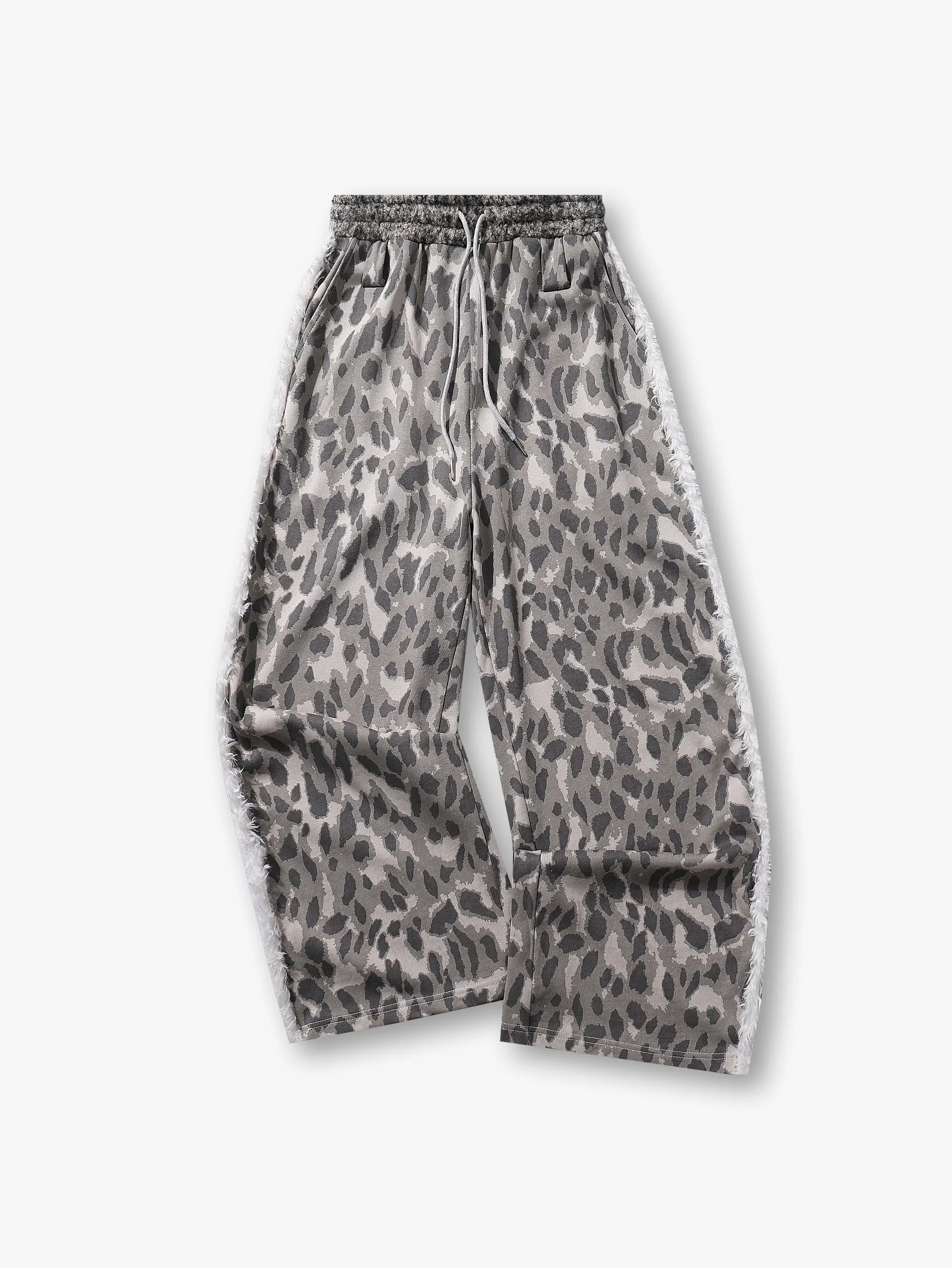 Pantalon large à imprimé léopard gris avec détails latéraux texturés et effilochés, ceinture élastique