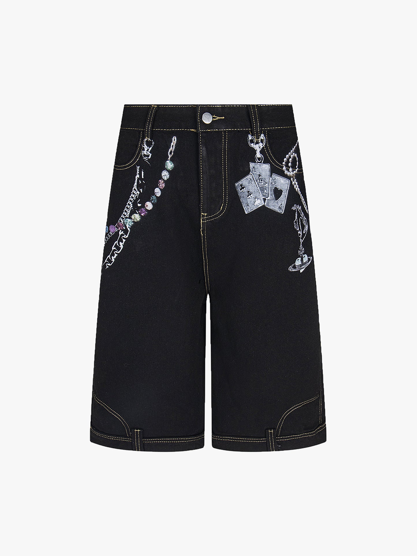 Chain Print Denim Shorts Unisex Streetwear Poker Graphic Loose Pants-S1014