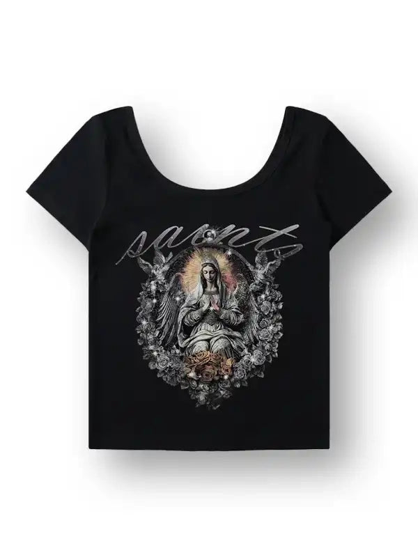 Gothic Y2K Saints Angel Print Crop T-shirt-165