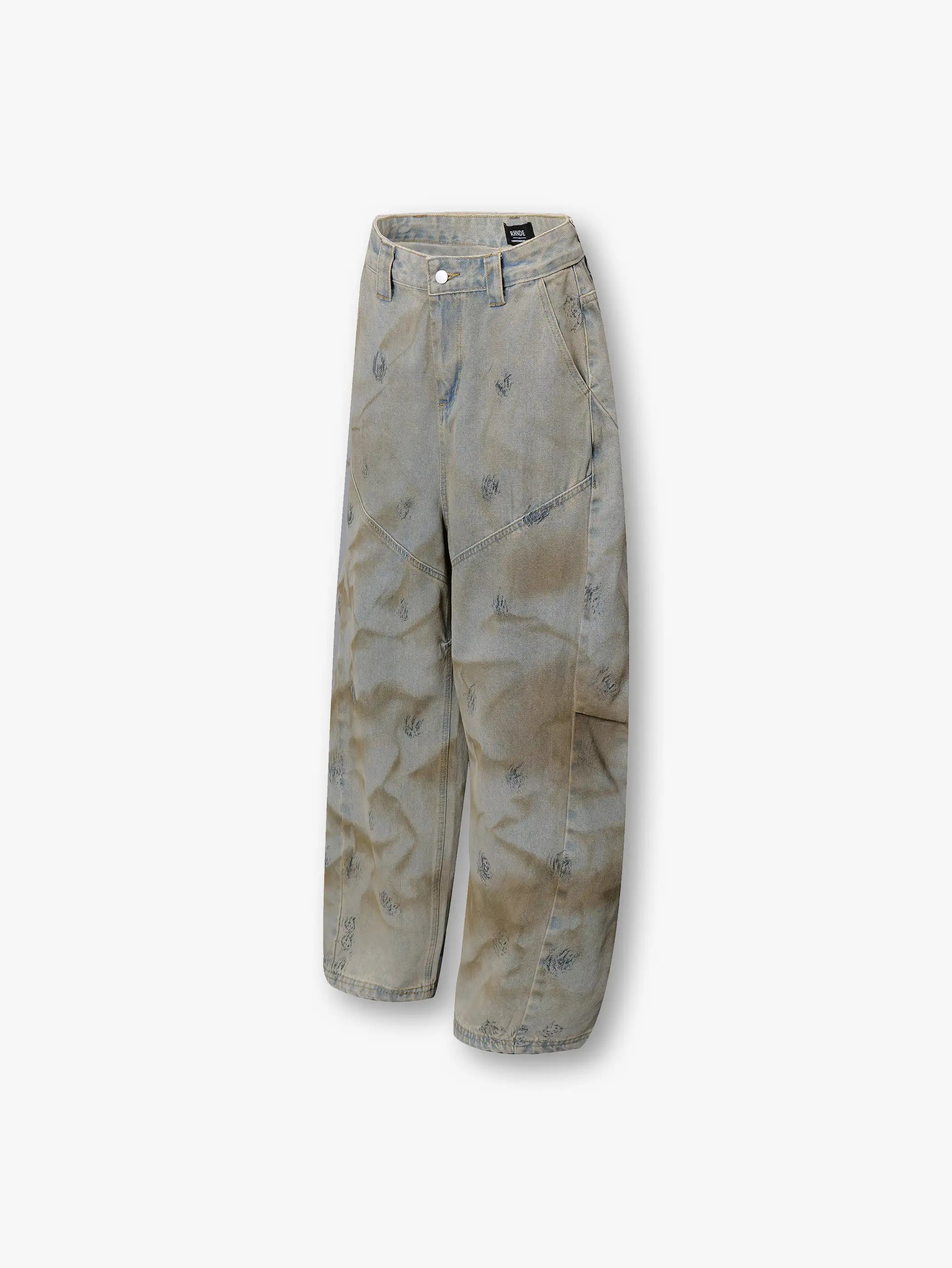 Vintage Aesthetic Relaxed Fit Distressed Denim Pants with Subtle Patterned Accents Wide-Leg Design and Washed-Out Texture