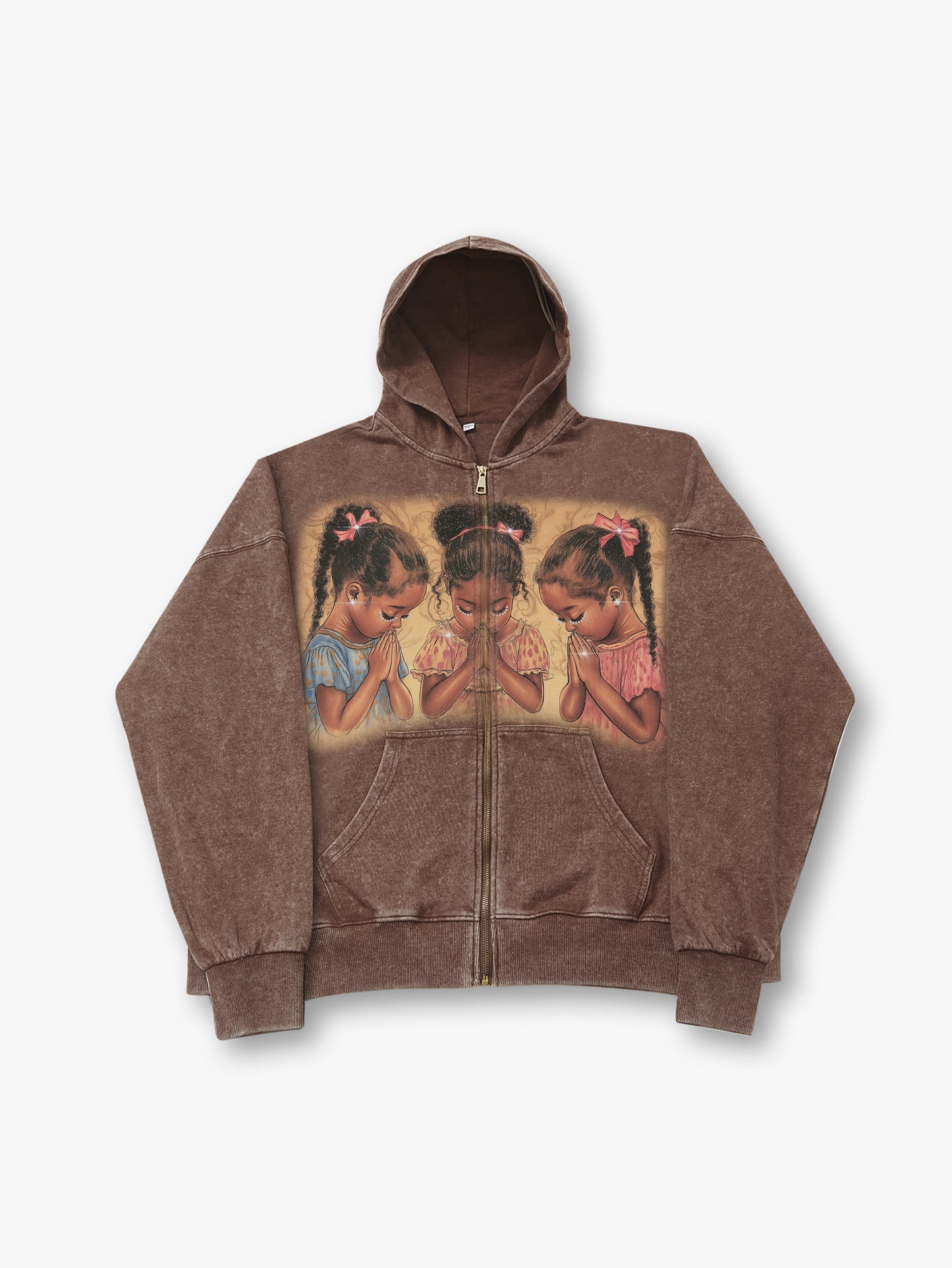 Vintage Style Zip-Up Hoodie with Praying Girls Print Casual Streetwear Stylish Brown Hoodie