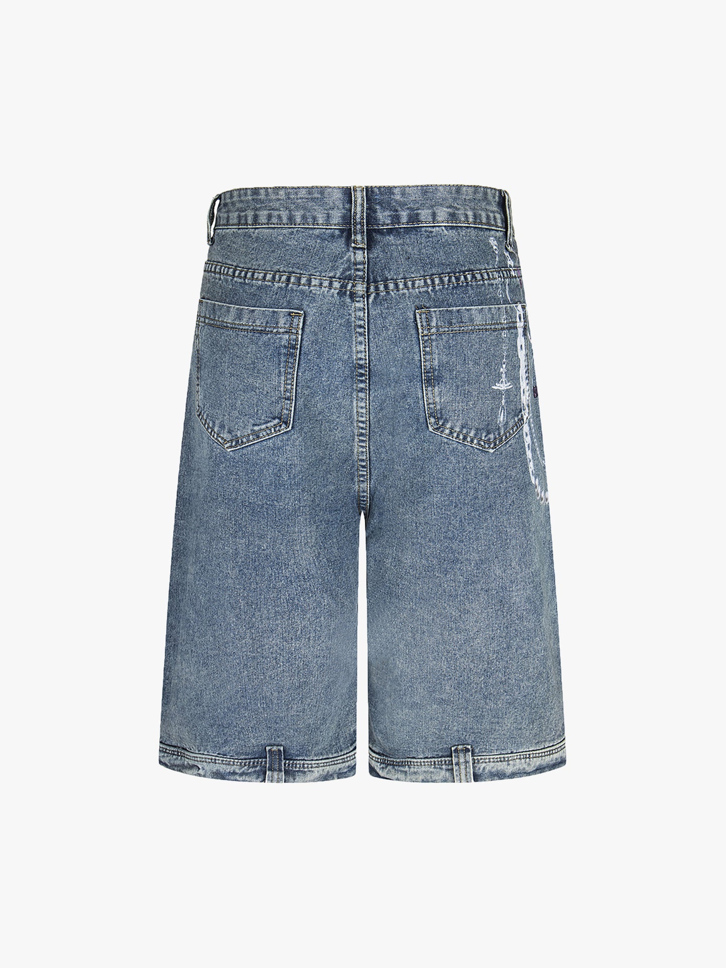 Chain Print Denim Shorts Unisex Streetwear Poker Graphic Loose Pants-S1014