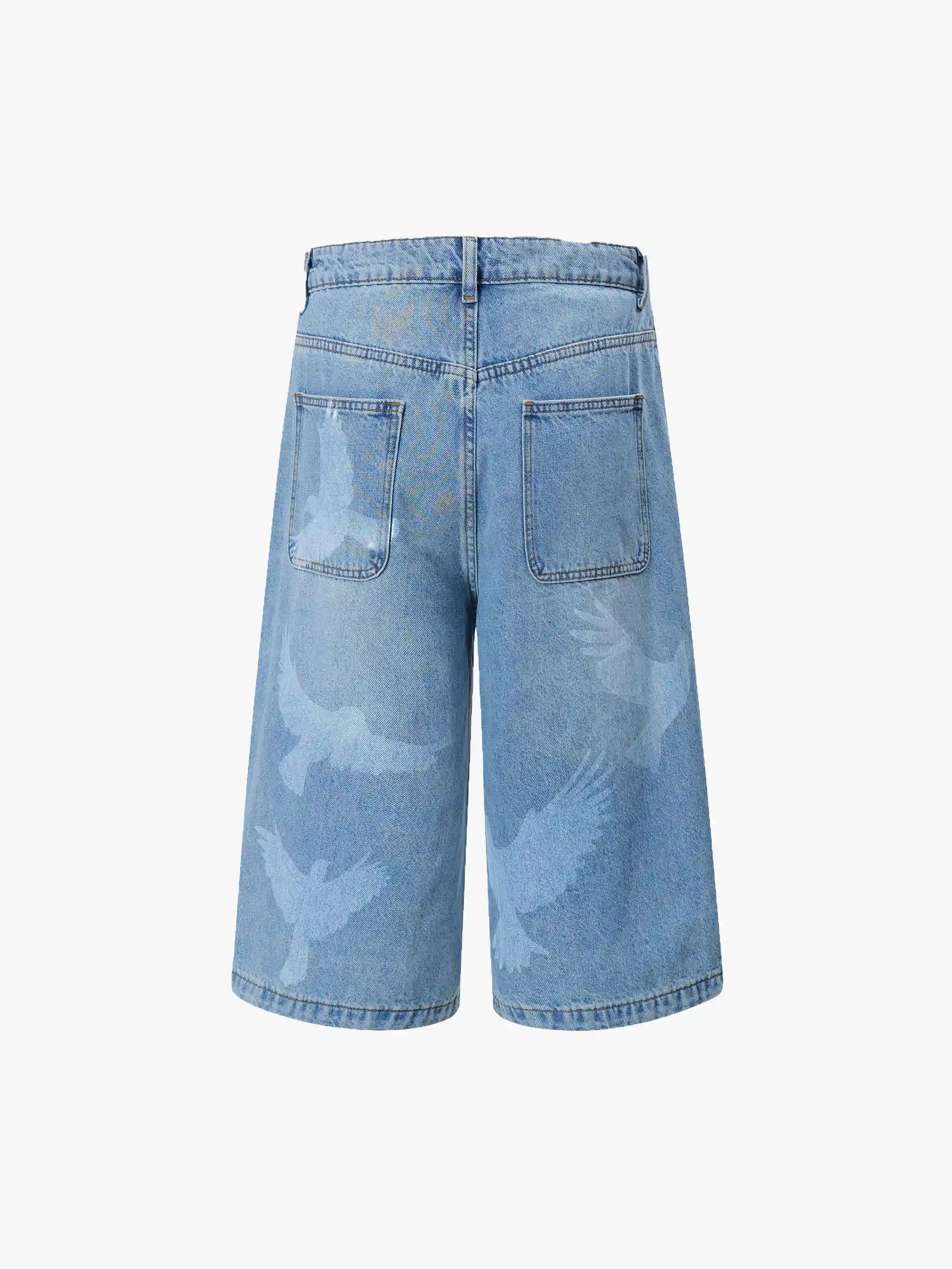 Trendy Black Denim Shorts with Bird Print Graphic Stylish Streetwear Casual Bermuda Pants - S966