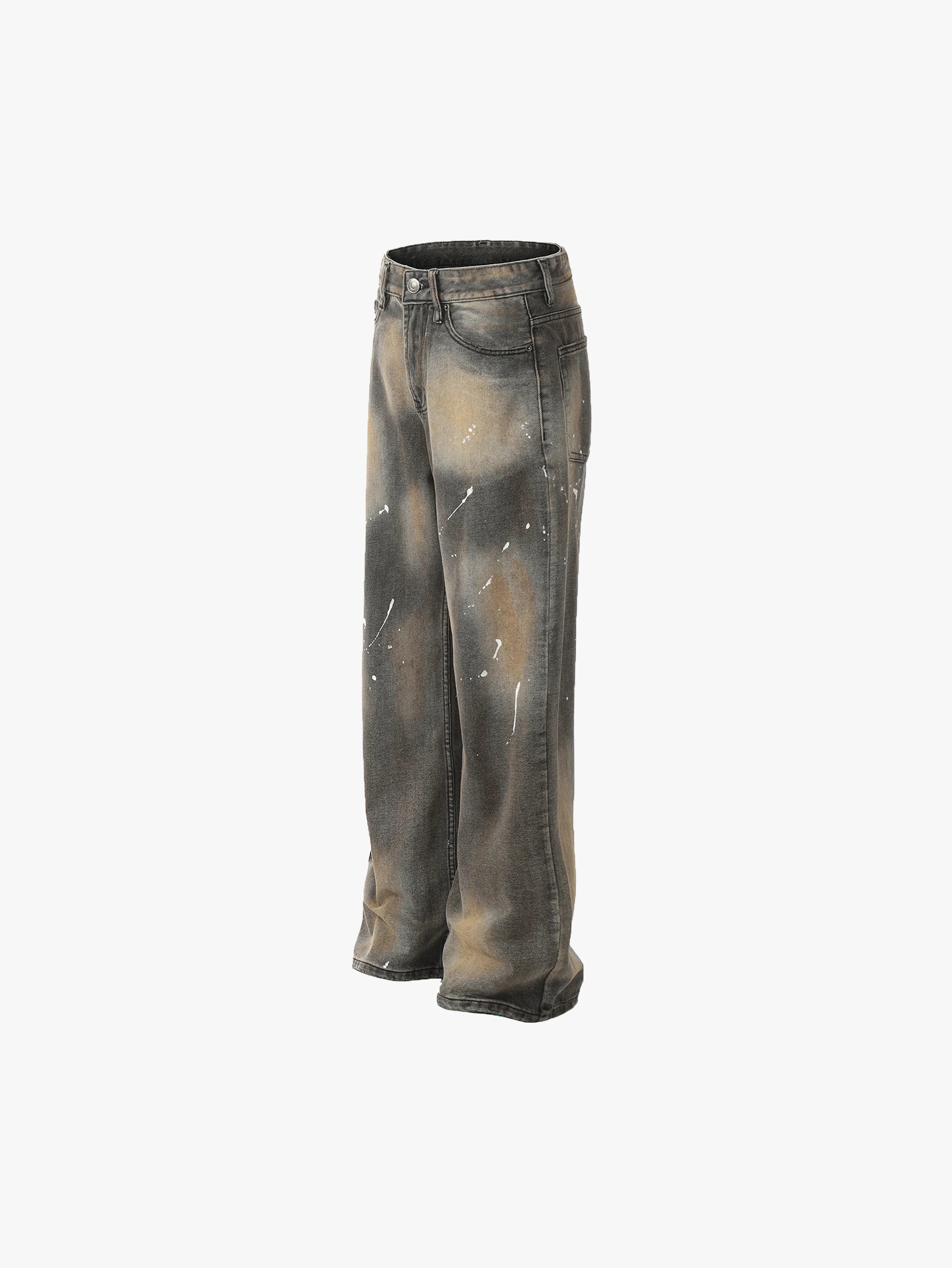Functionally Stylish Distressed Wide-Leg Denim Pants with Paint Splatter Design Trendy Streetwear Fashion - S984