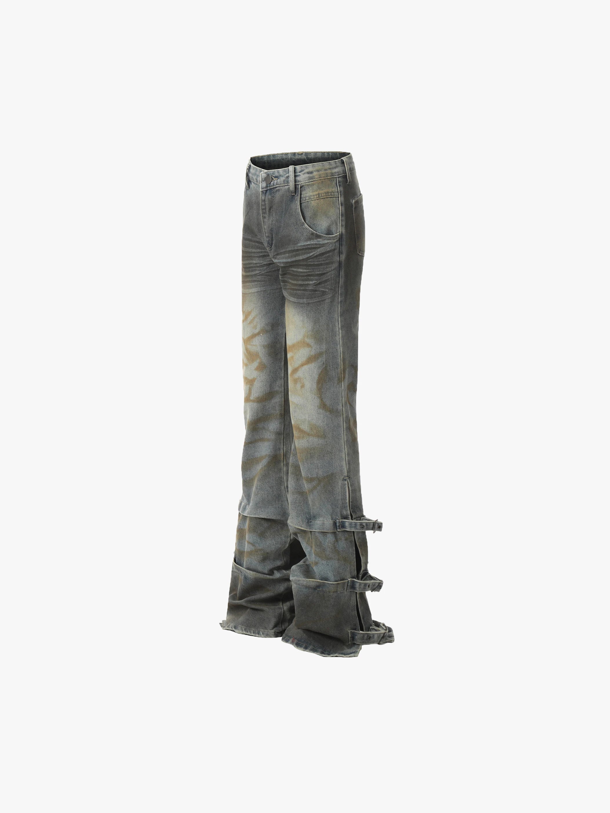 Trendy Street Style Denim Wide Leg Cargo Jeans with Buckle Details - S996