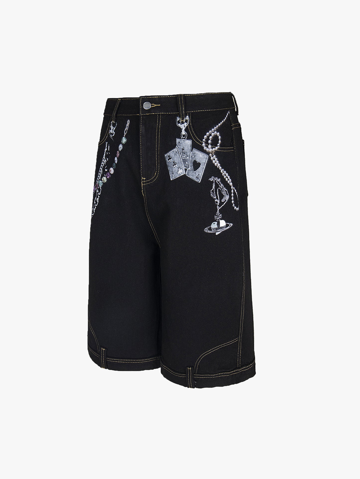 Chain Print Denim Shorts Unisex Streetwear Poker Graphic Loose Pants-S1014