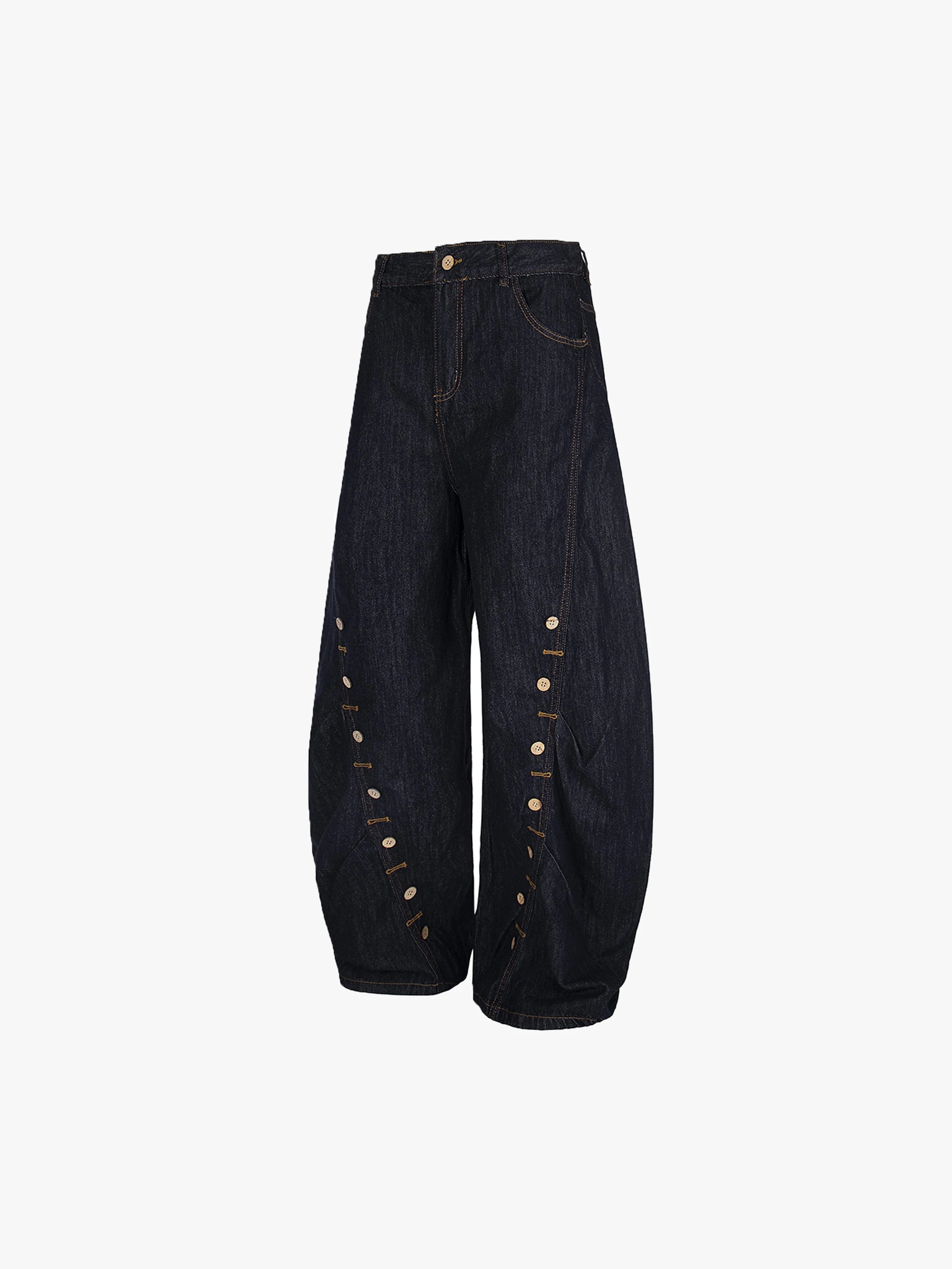 Double Crazy Button Detail Wide-Leg Denim Trousers Vintage Streetwear Baggy Fashion Jeans