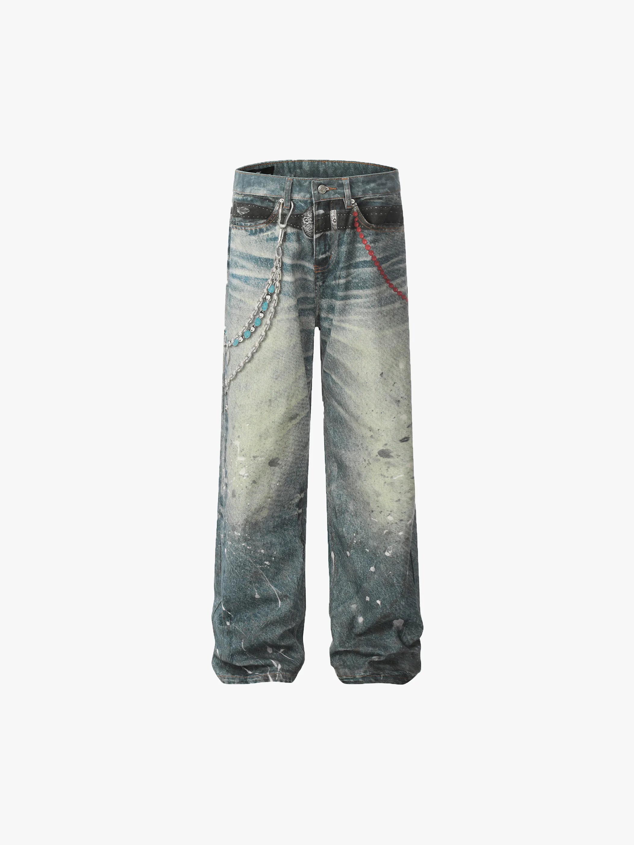 Double Crazy Trendy Streetwear Fashion Trousers Distressed Denim Pants with Chain and Paint Splatter Design - S982