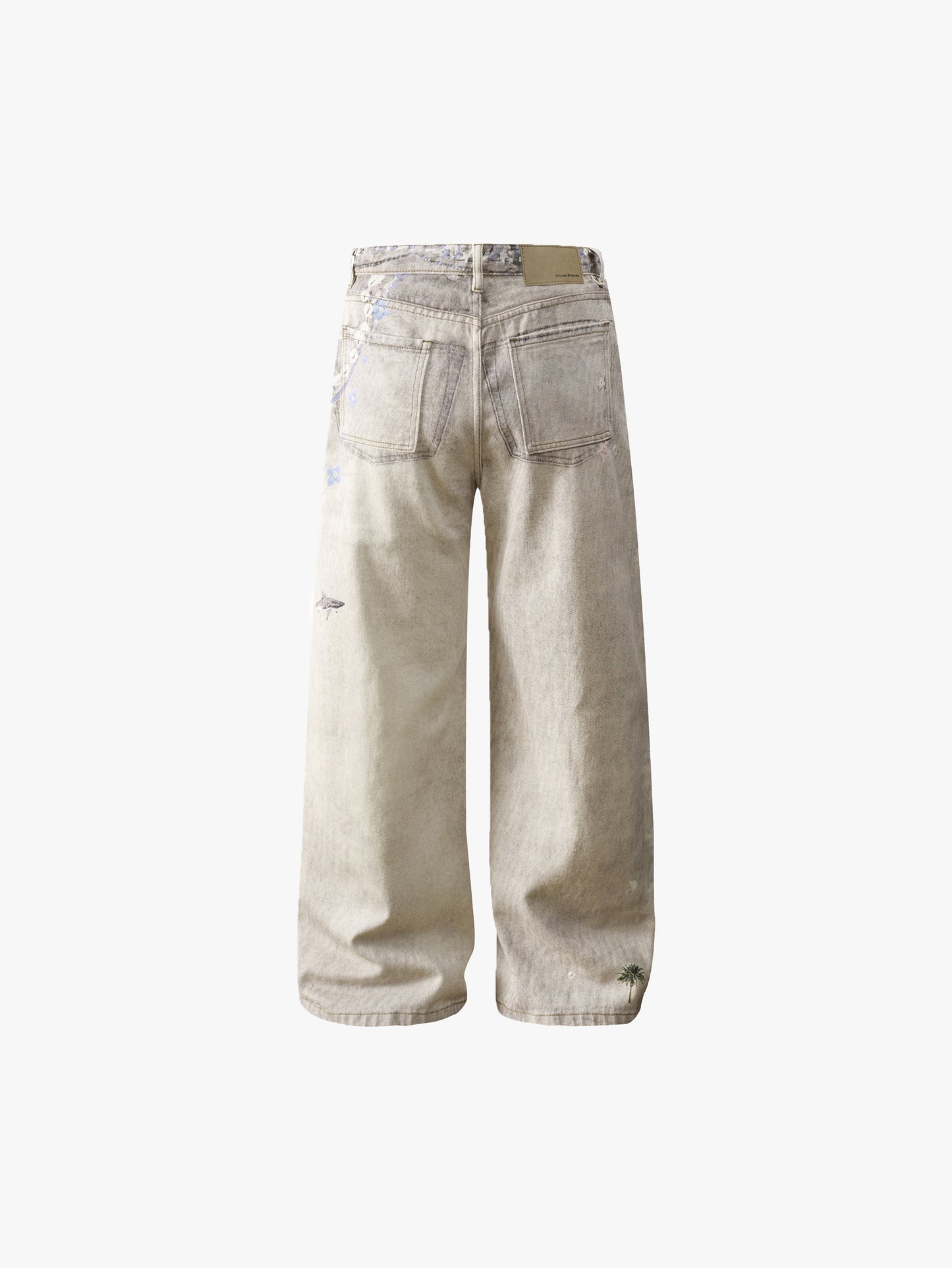 Beige Wide Leg Jeans High Waist Vintage Washed Printed Denim Pants-S1026