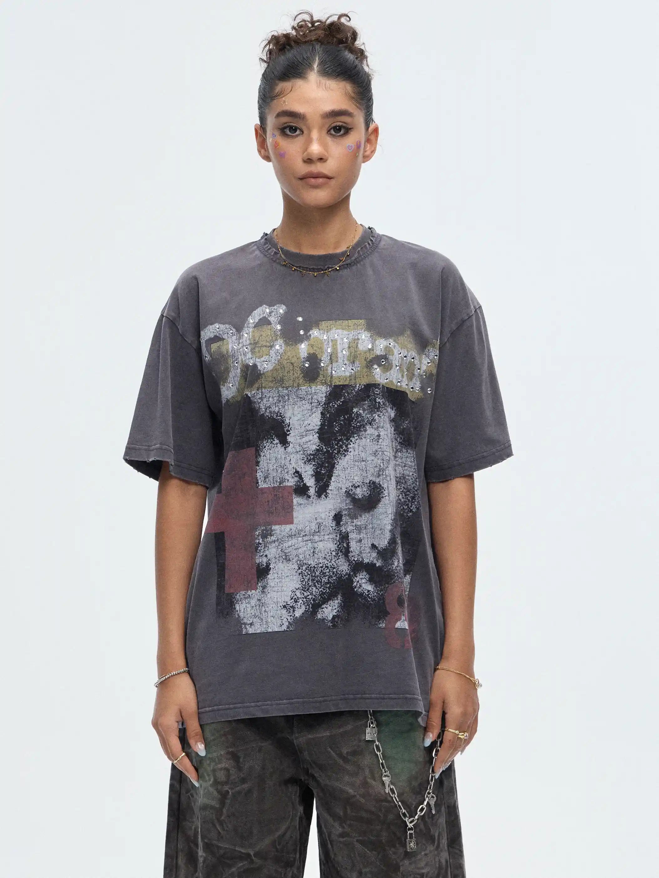 Vintage Cross Gemmed Grunge Tee-462