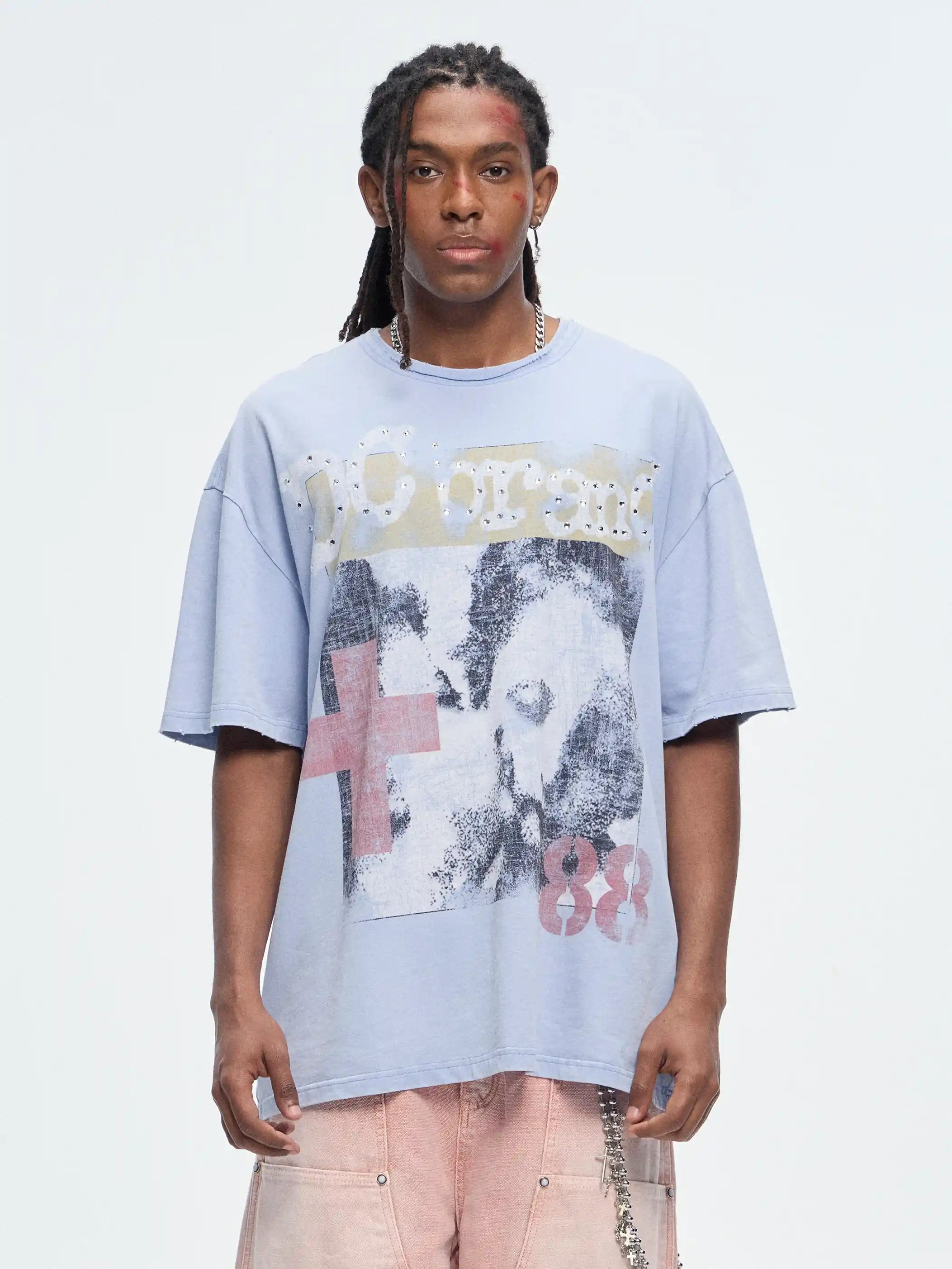 T-shirt vintage croix orné de pierres (style grunge) - 462