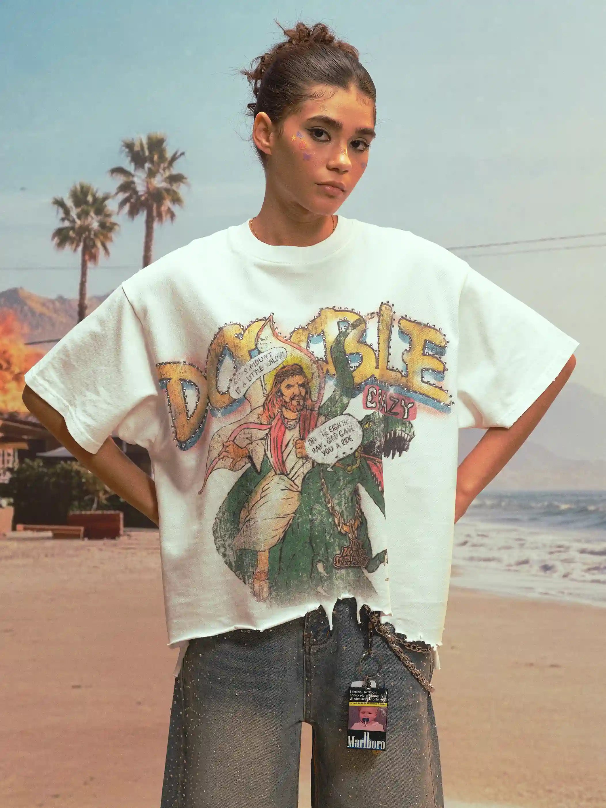 T-shirt vintage ample à bords francs et motif Jésus-468