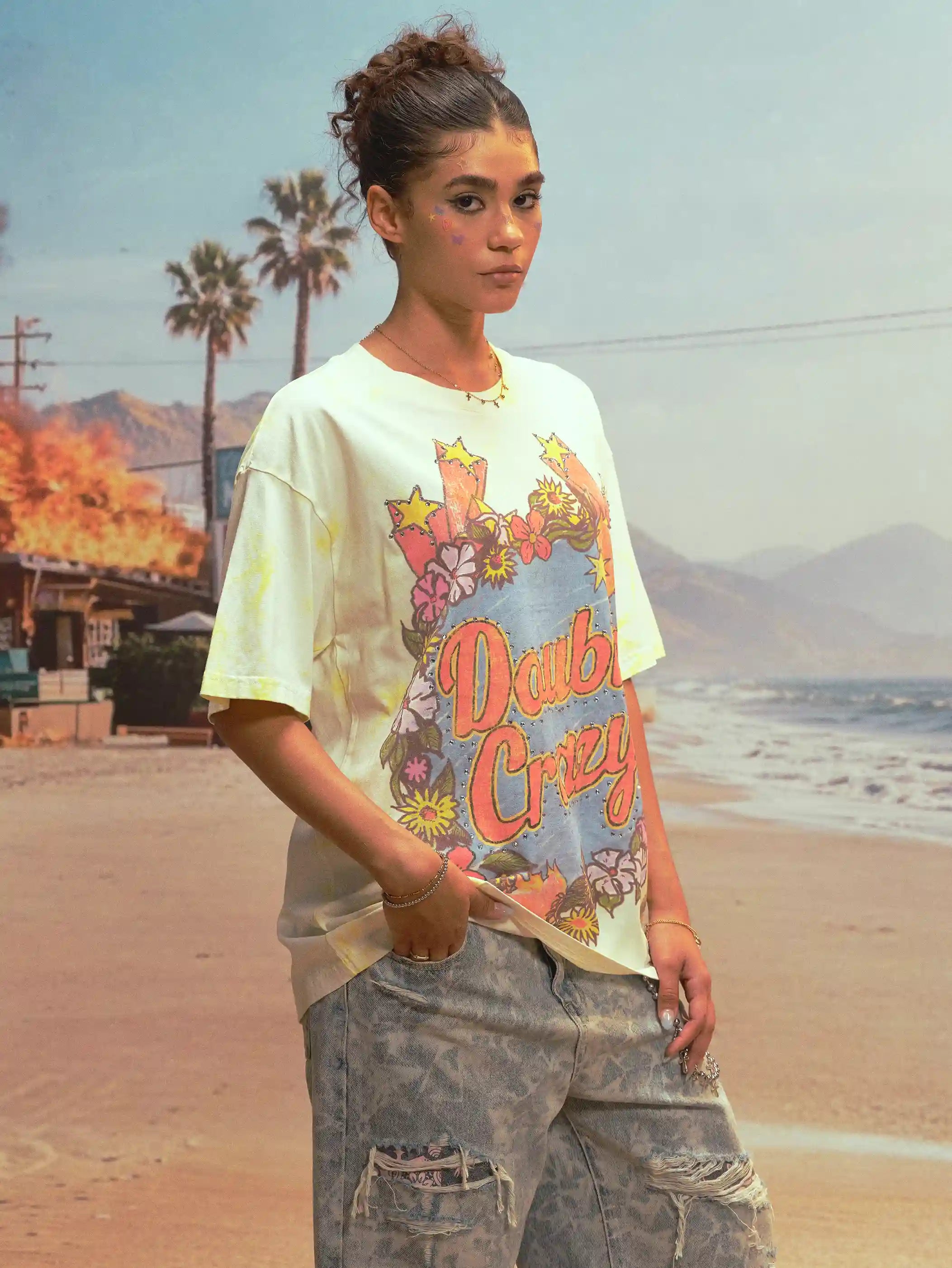 T-shirt Tie-dye Floral Orné de Strass-477