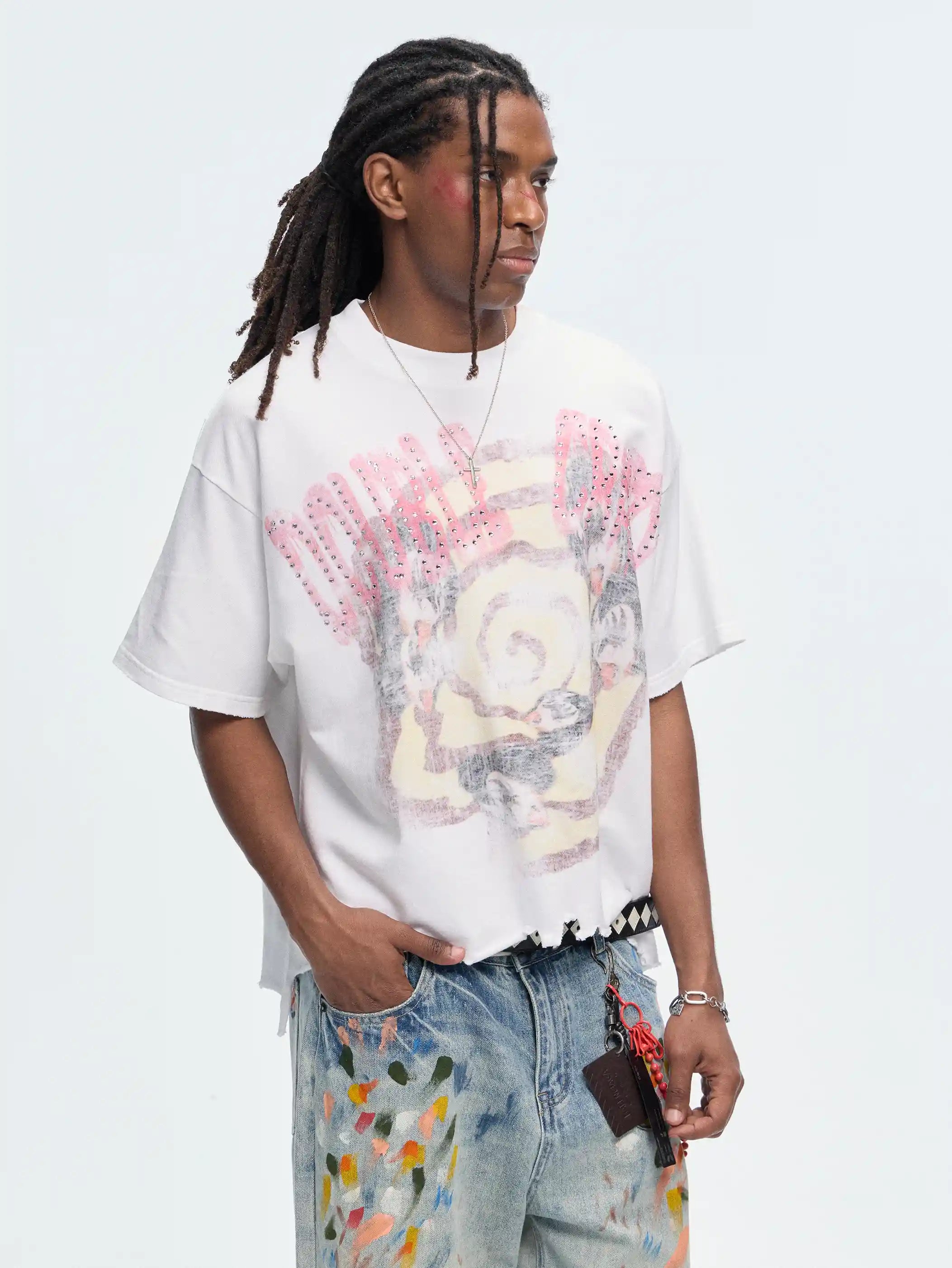 Camiseta holgada con gráfico rockero desgastado-480