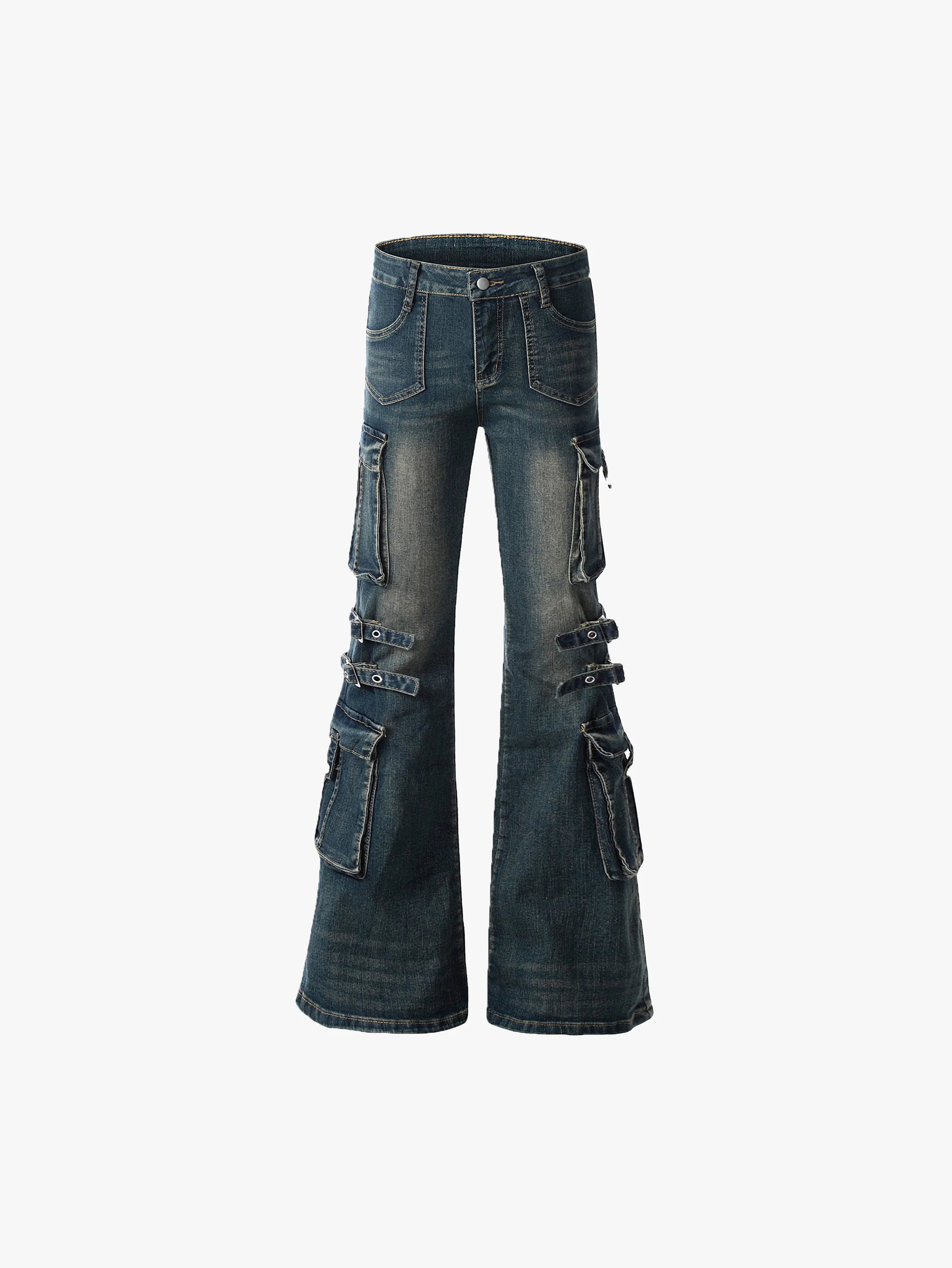 Distressed Cargo Denim Pants with Adjustable Buckled Straps for a Bold Look - S995
