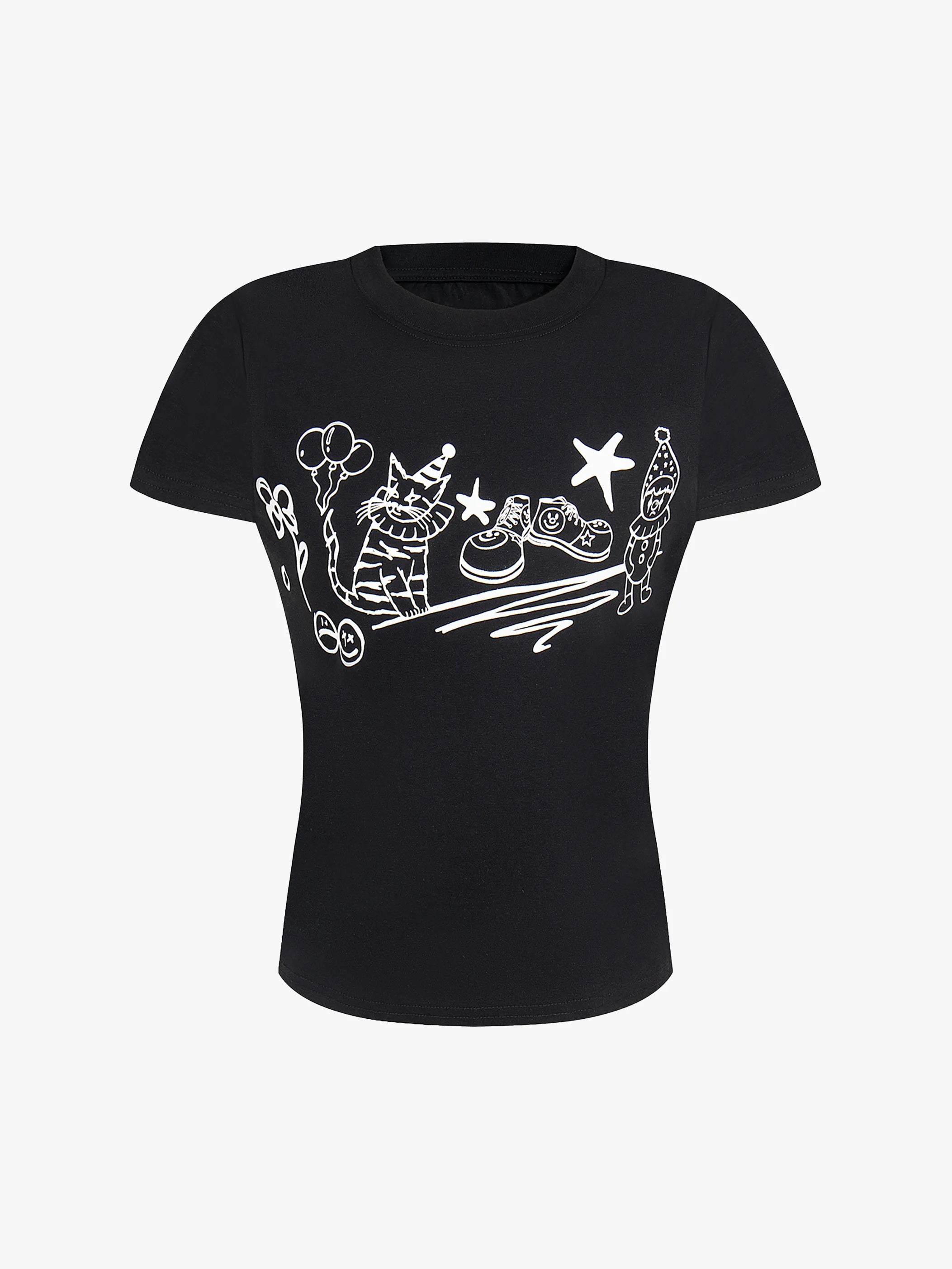 Cartoon Cat and Clown Graphic Summer T-shirt-S999