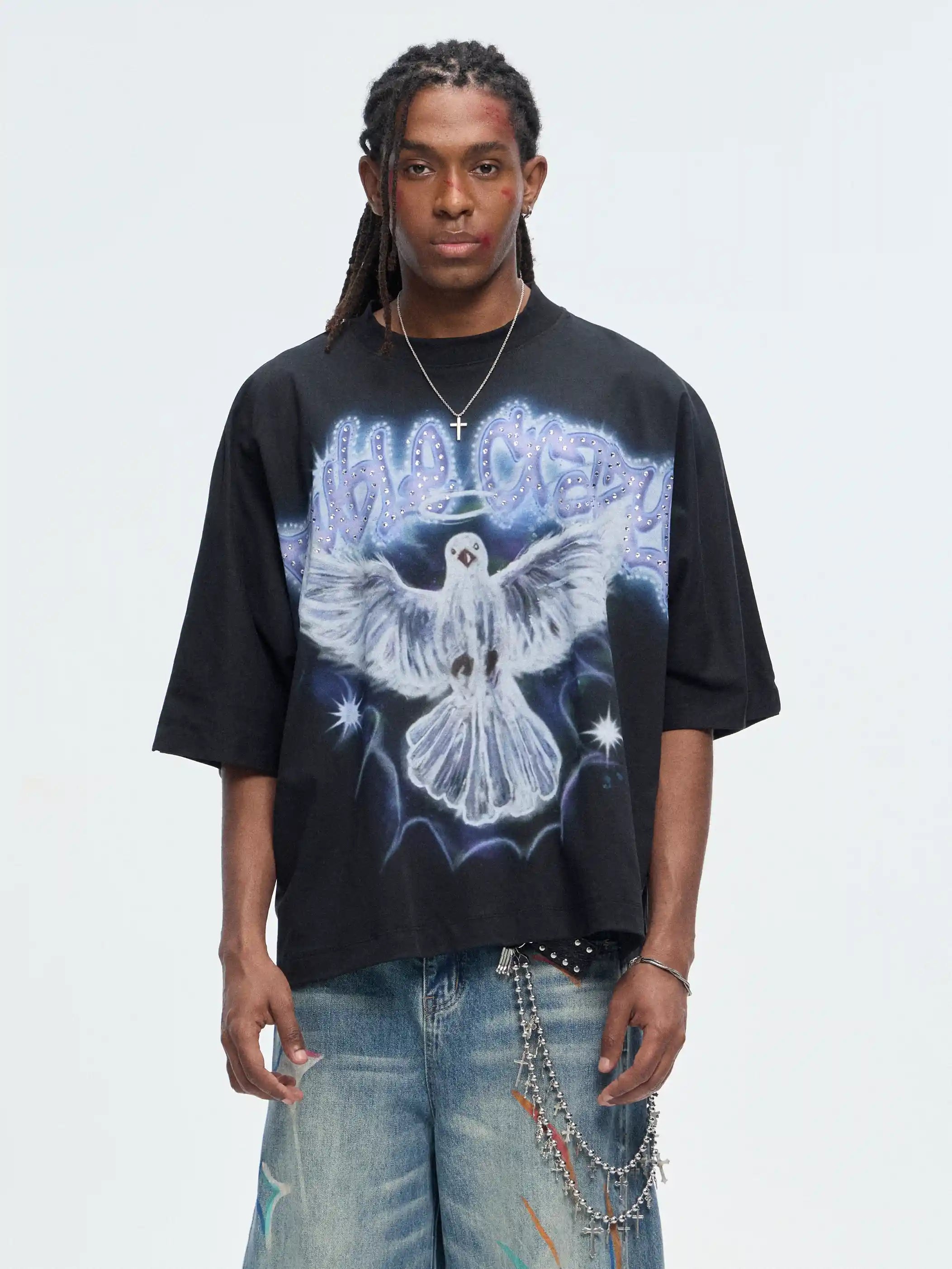 Camiseta de pedrería con aerógrafo de paloma-531