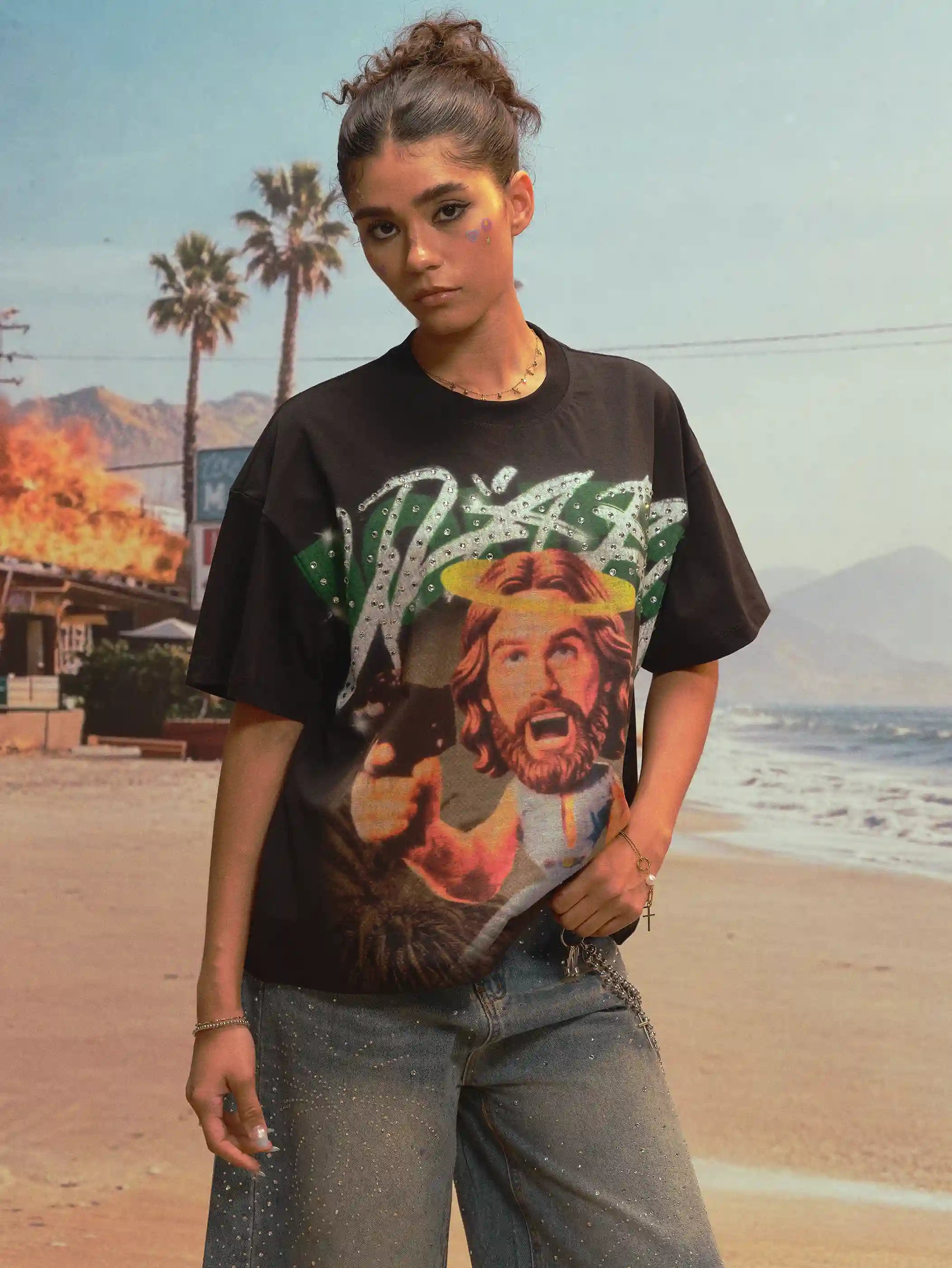 Camiseta holgada de Jesús graciosa con diamantes de imitación - 532