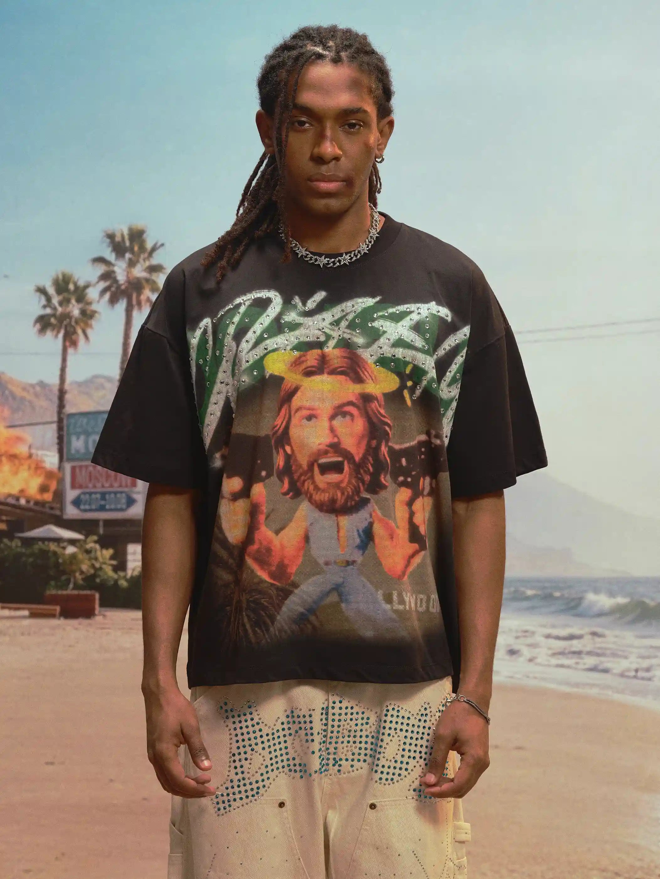 Camiseta holgada de Jesús graciosa con diamantes de imitación - 532