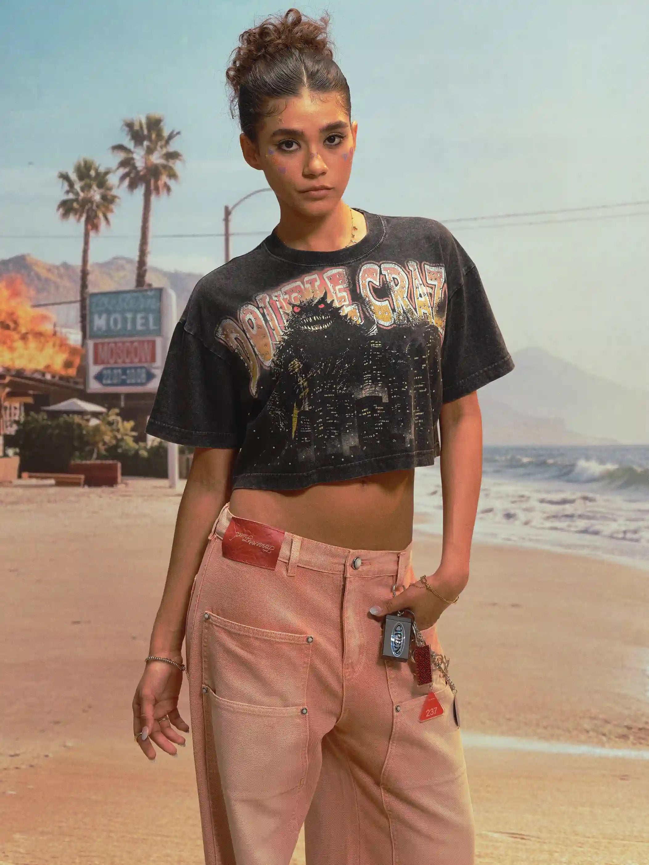 Kaiju Monster Rhinestone Crop Tee-544