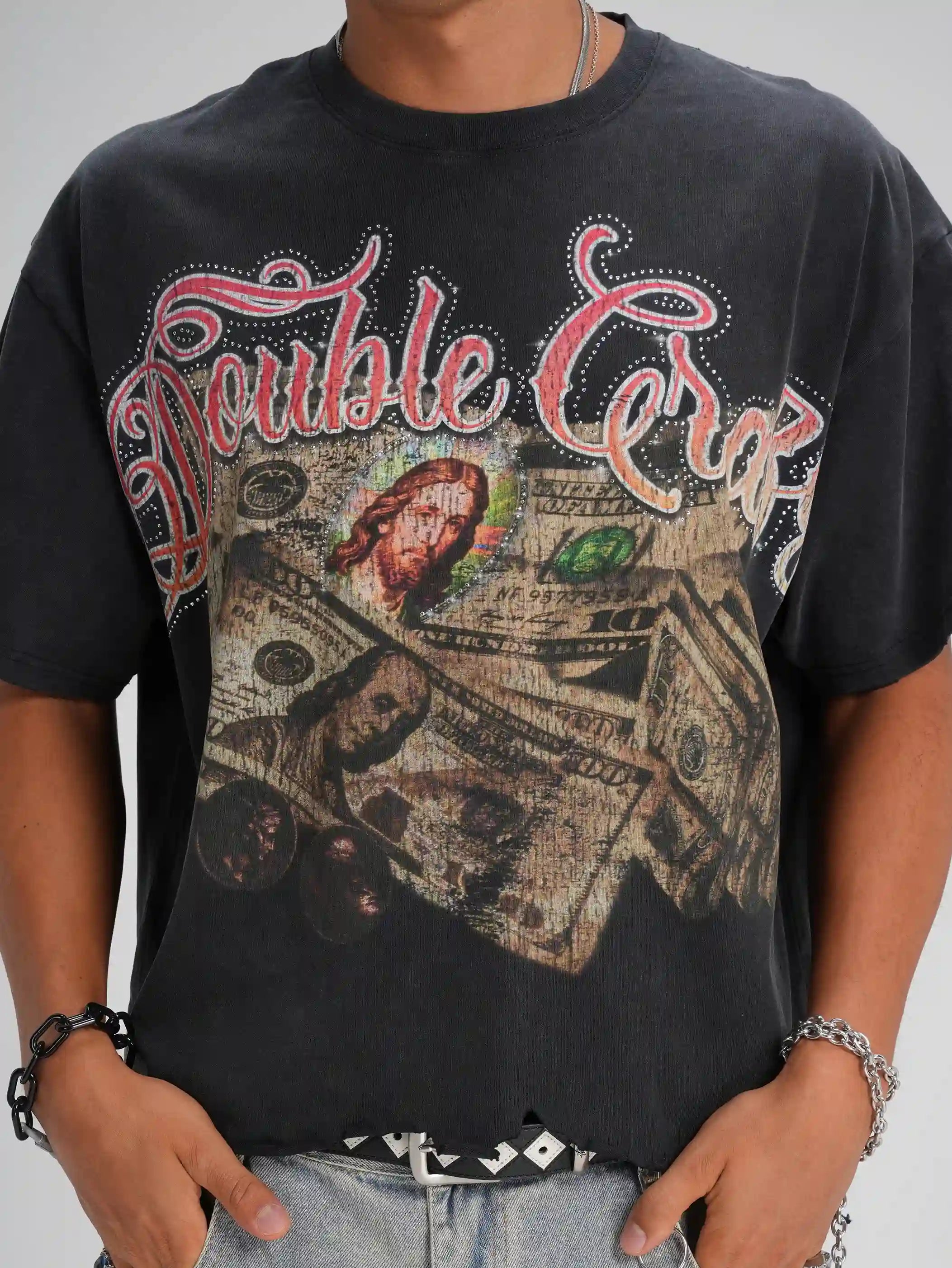 T-shirt ample "Rhinestone Jesus Cash Boxy"-587