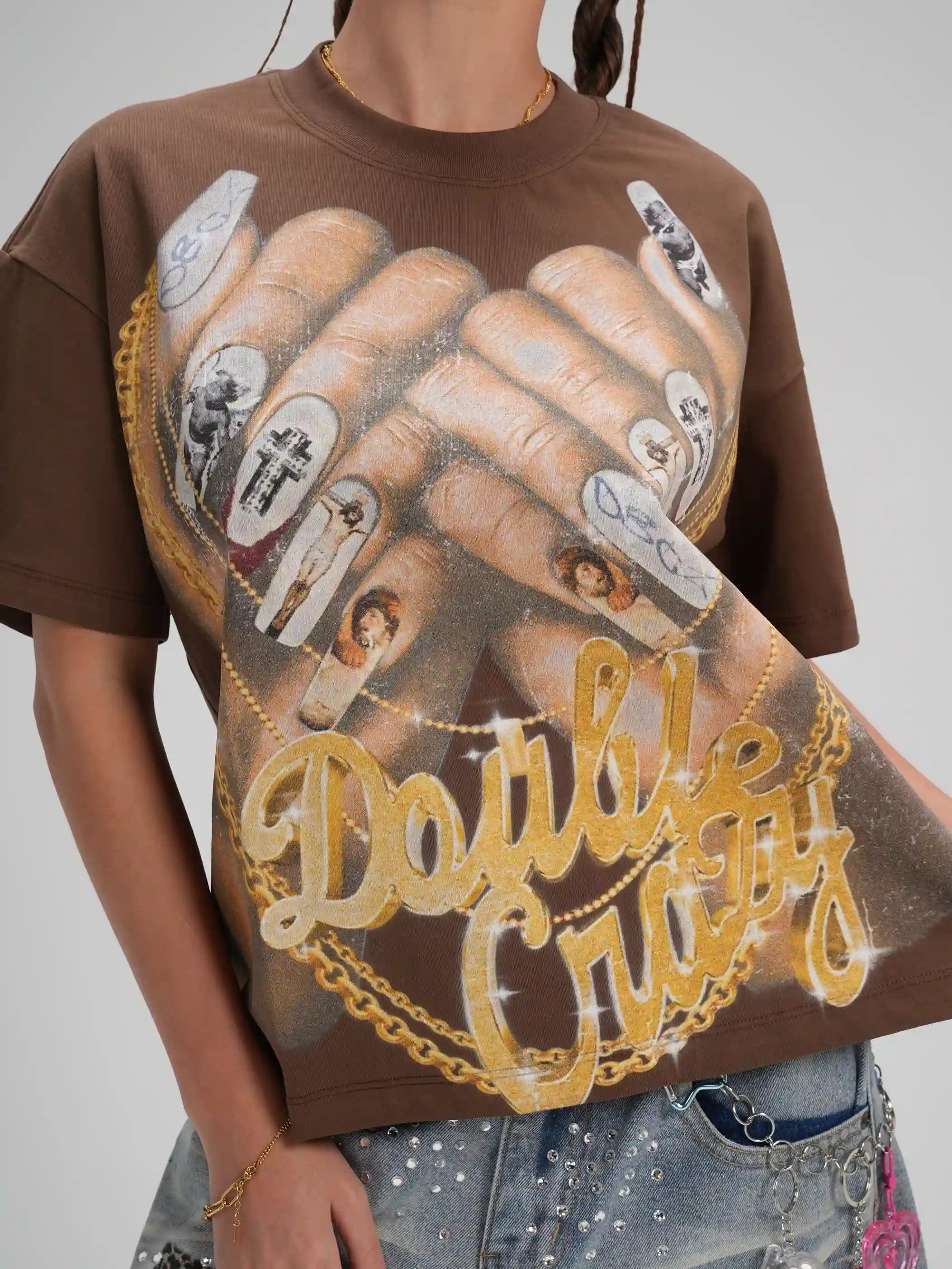 Bling Gold Chain Nail Boxy Tee-593