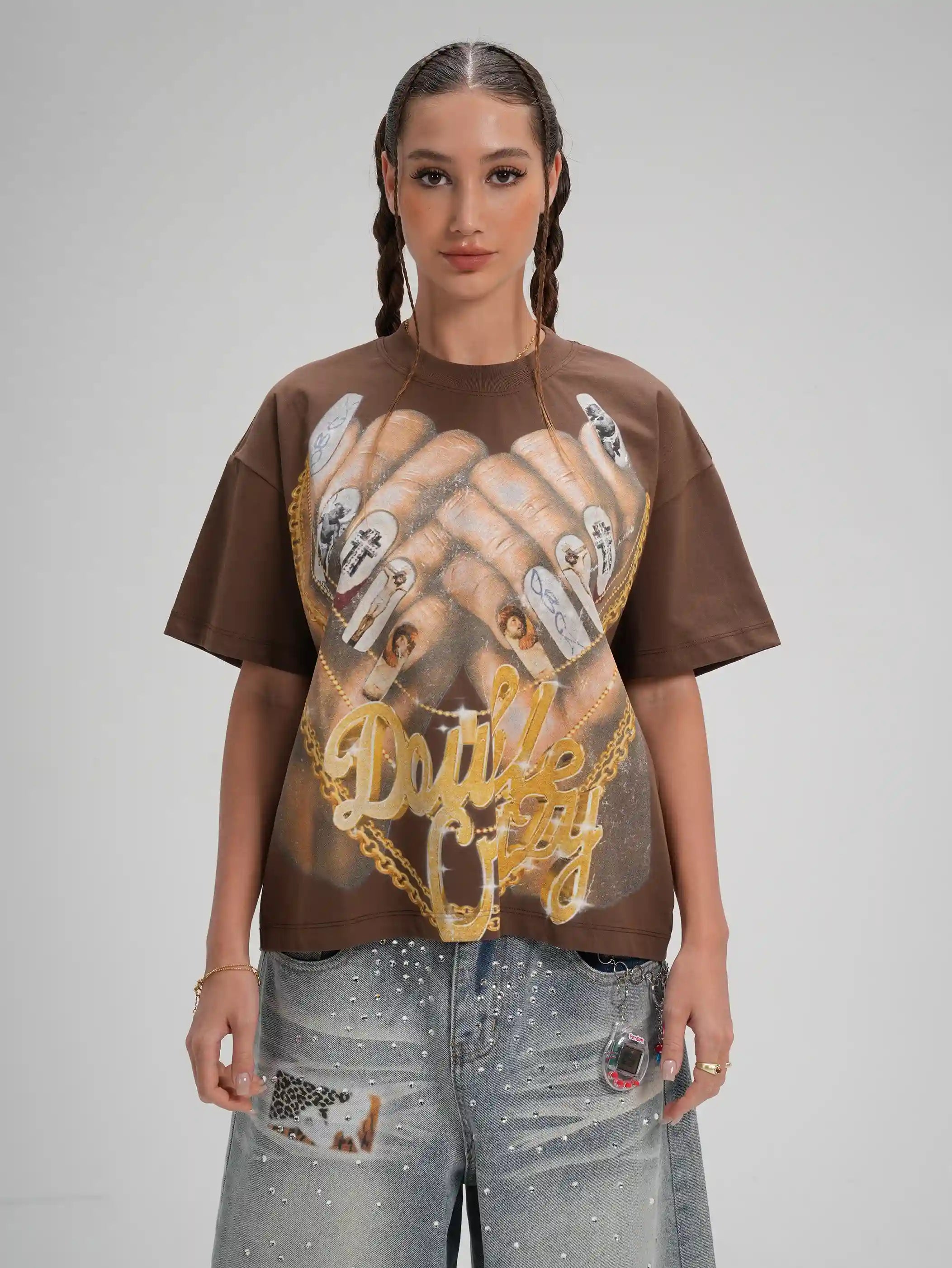 Bling Gold Chain Nail Boxy Tee-593
