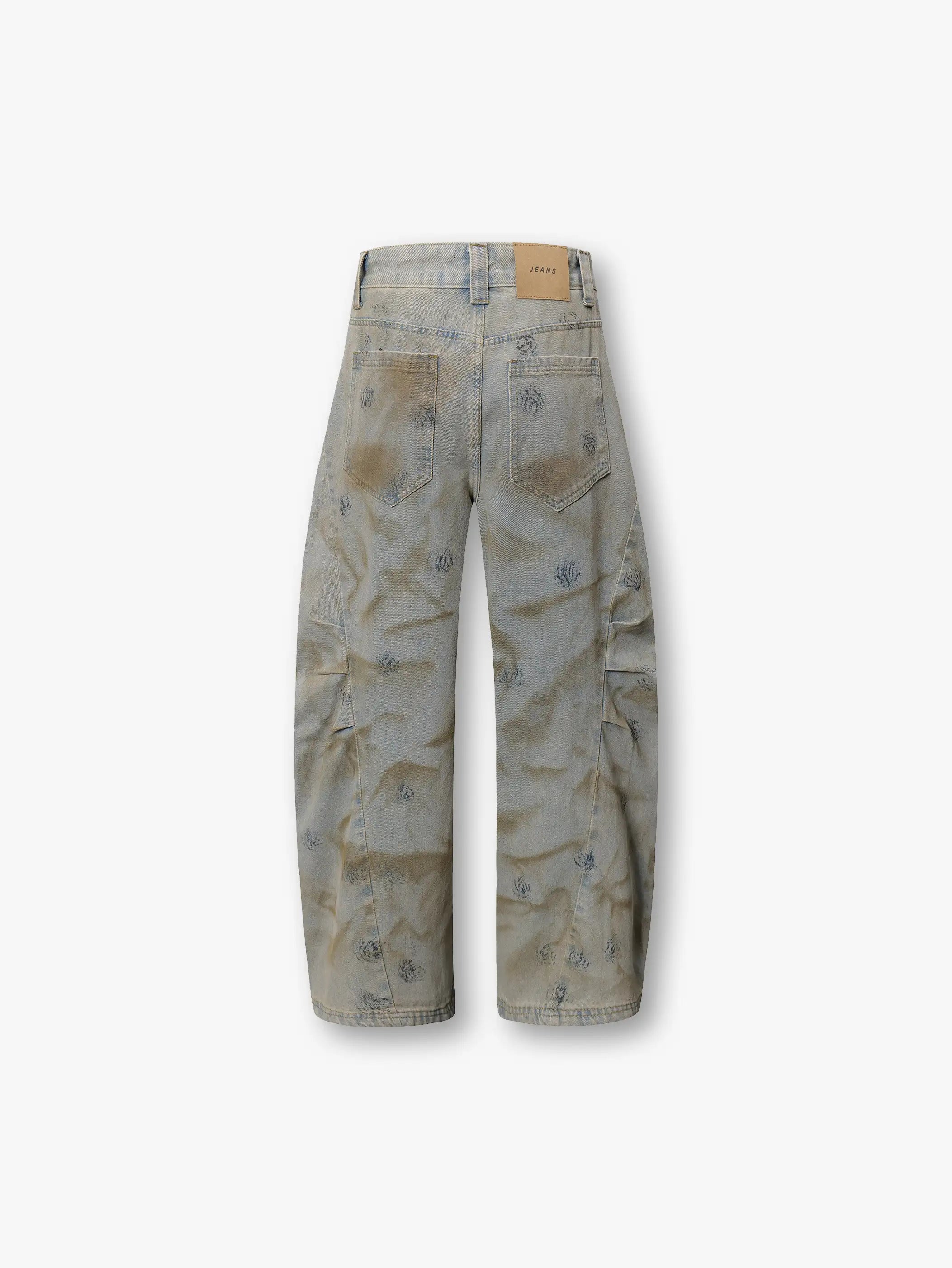 Vintage Aesthetic Relaxed Fit Distressed Denim Pants with Subtle Patterned Accents Wide-Leg Design and Washed-Out Texture