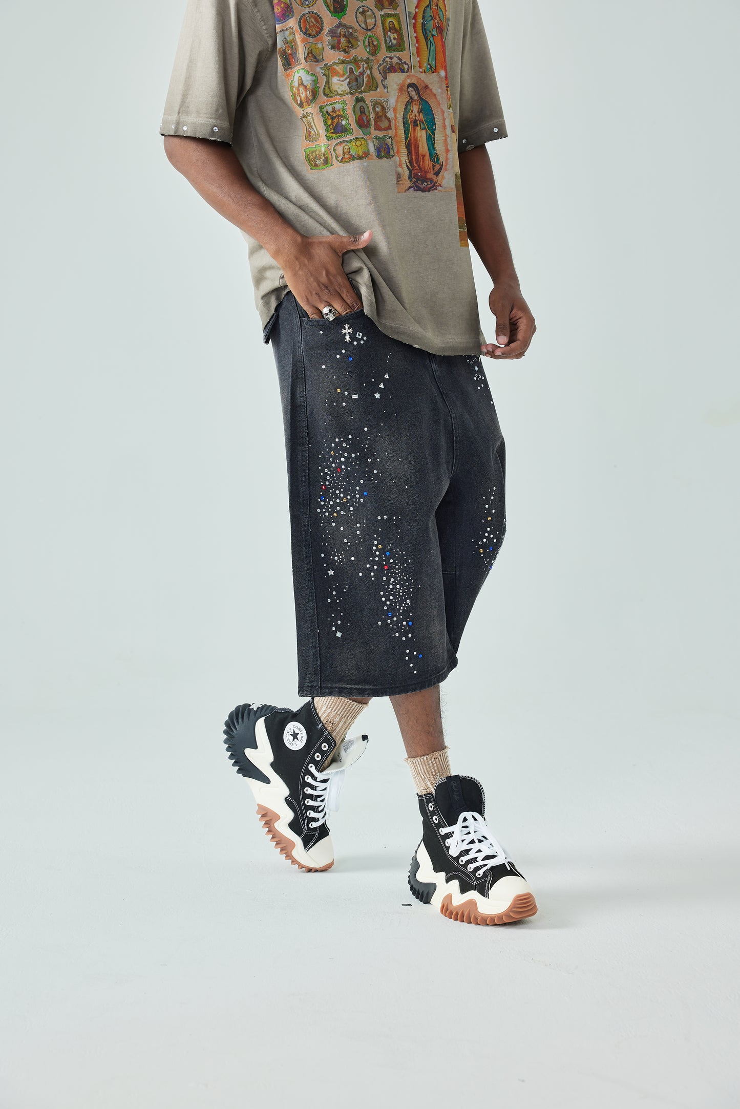 Sparkle Style Black Denim Shorts High Waist Loose Fit Rhinestone Embellished Streetwear-S1033