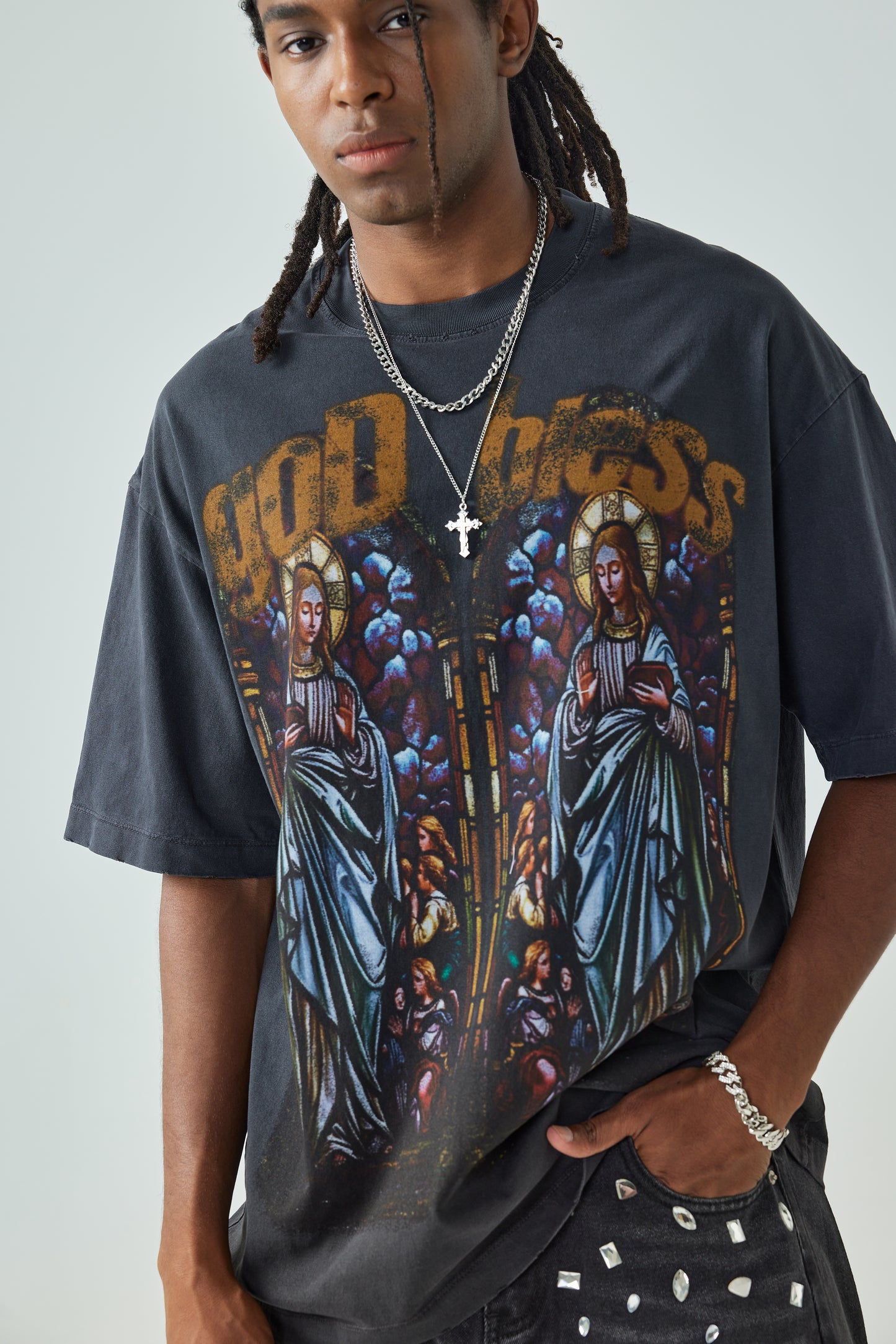 God Bless Stained Glass T Shirt Vintage Religious Angel Graphic Tee-158