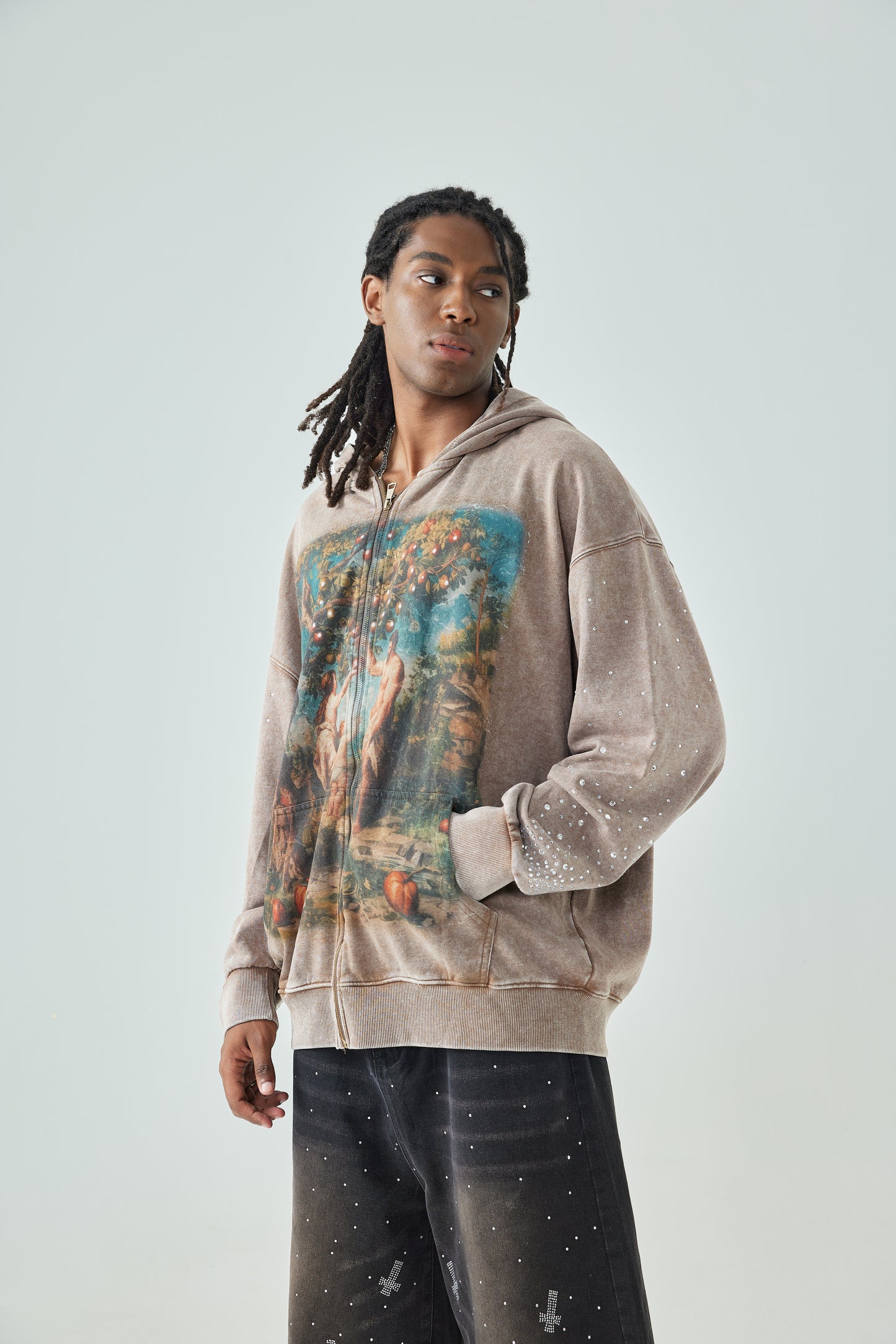 Vintage Art Printed Zip Up Hoodie Unisex Brown with Gemstone Detailing and Biblical Garden of Eden Print Casual Outerwear - 153